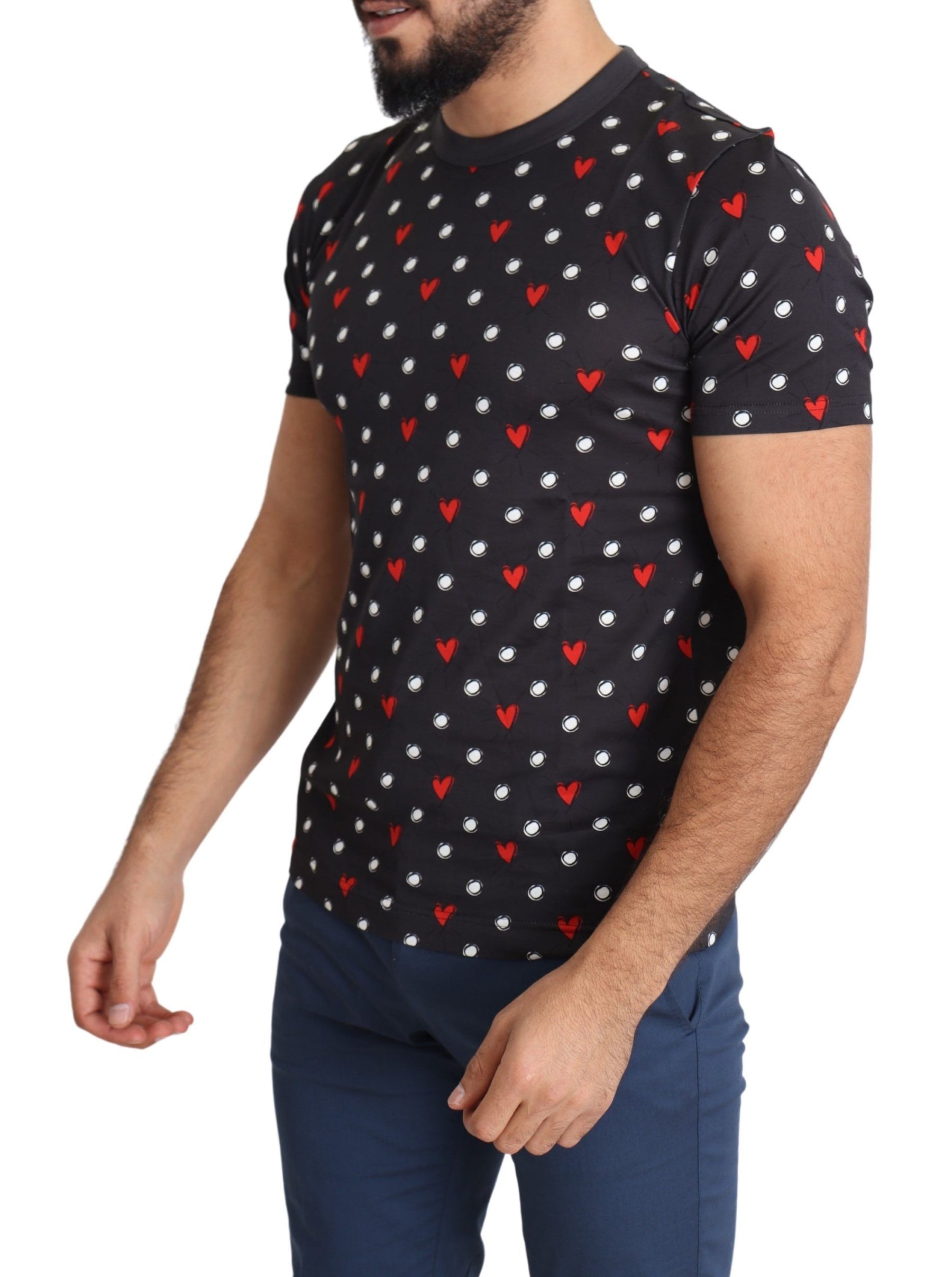 Dolce & Gabbana Dark Gray Hearts Print Cotton Men T-shirt | Regal Royce