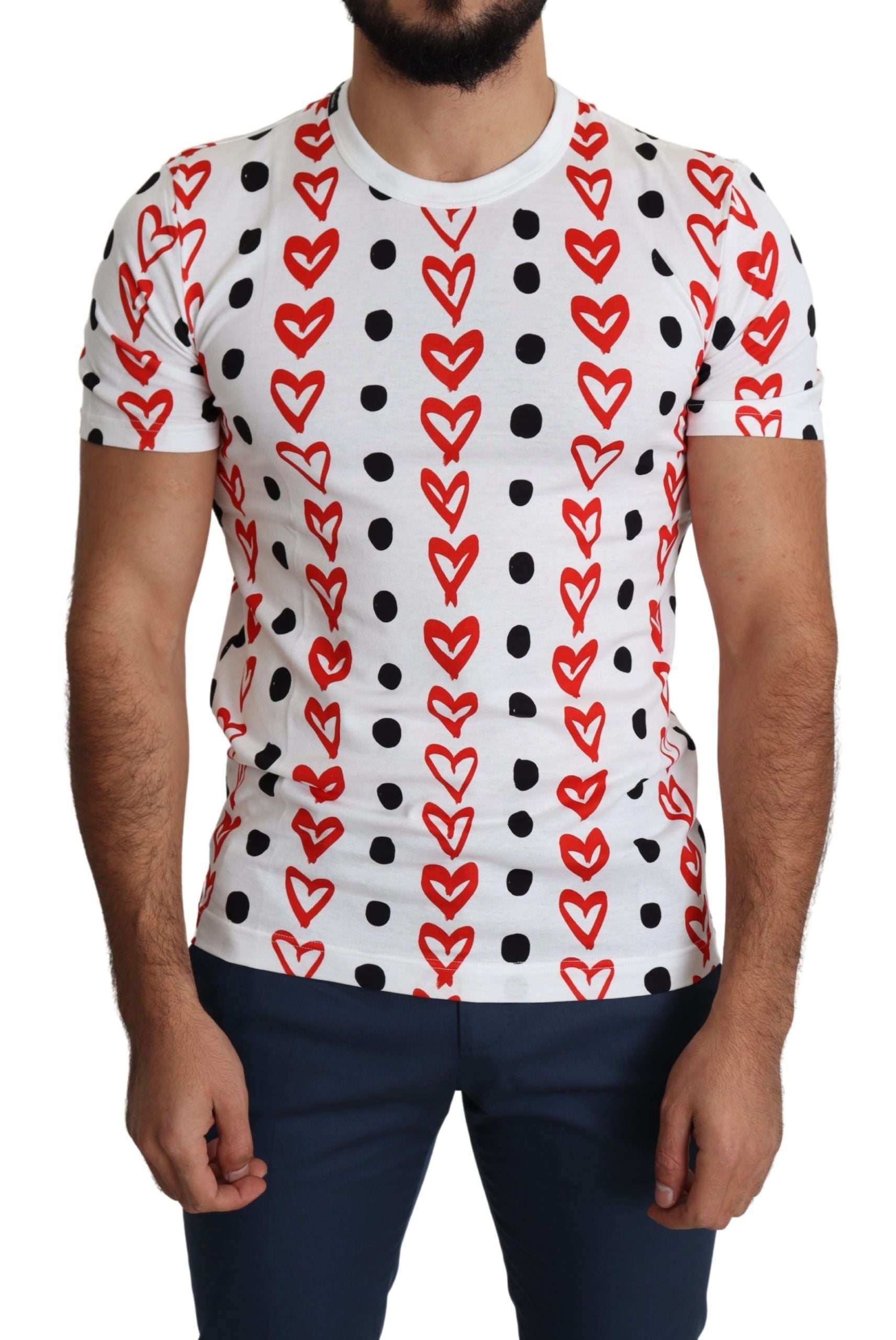 Dolce & Gabbana White Hearts Print  Cotton Men Top T-shirt | Regal Royce
