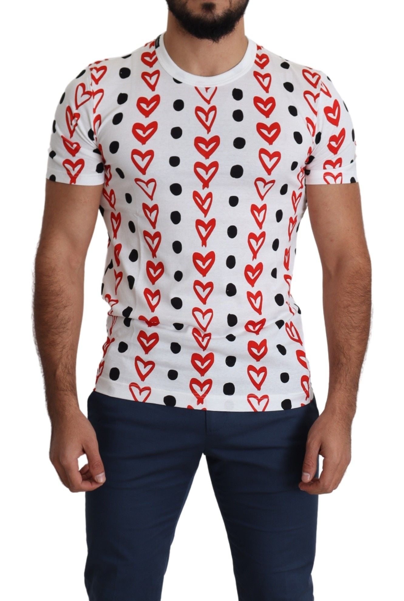 Dolce & Gabbana White Hearts Print  Cotton Men Top T-shirt | Regal Royce
