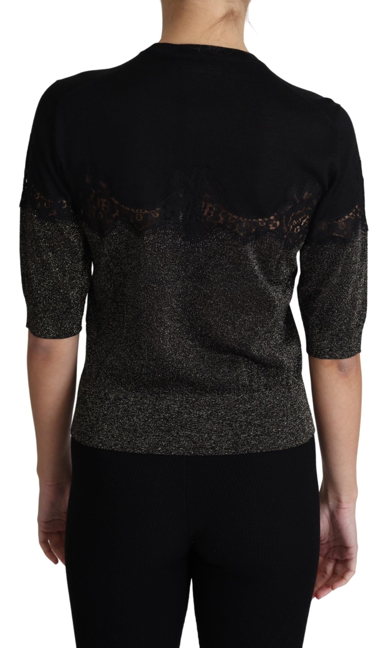 Dolce & Gabbana Black Shiny Lurex Lace Insert Pullover Top | Regal Royce