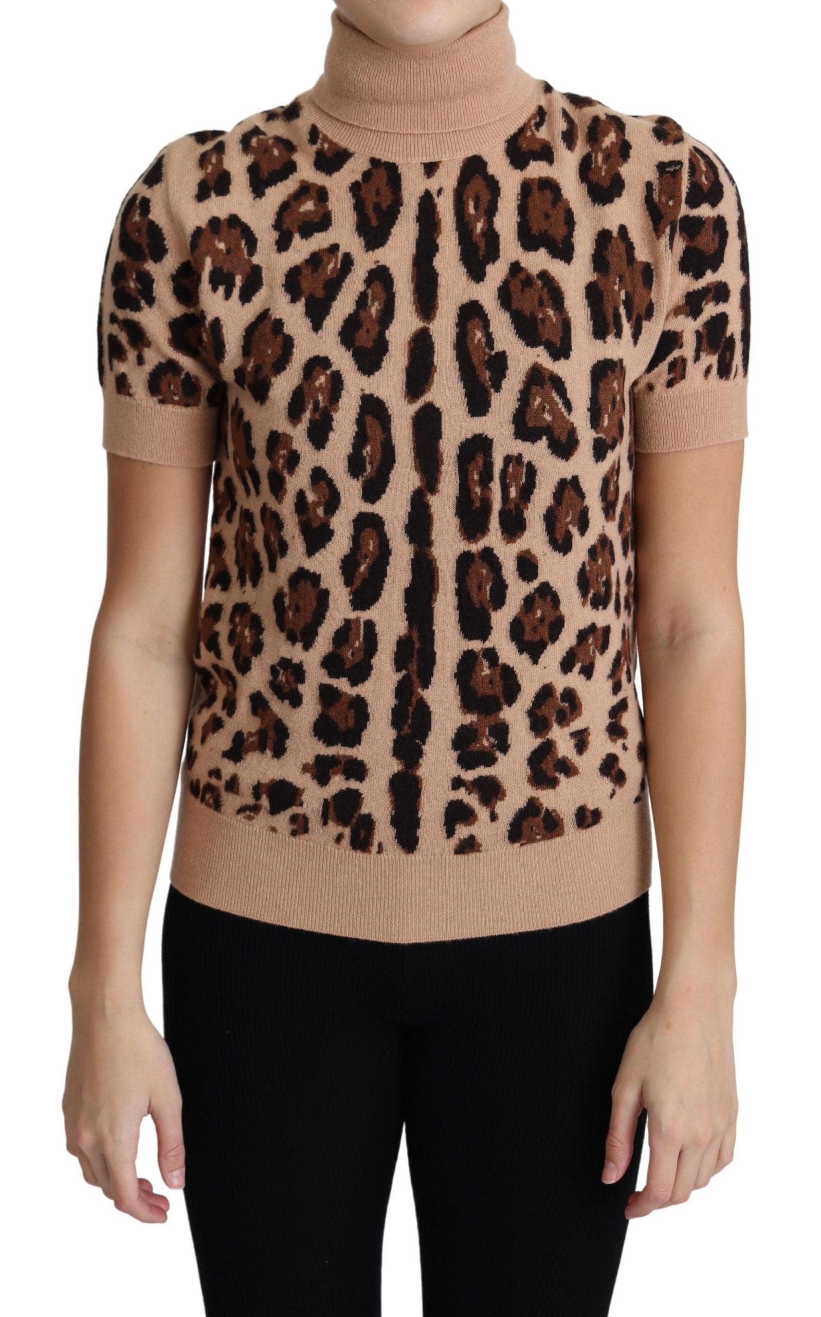 Dolce & Gabbana Beige Leopard Print Virgin Wool Turtleneck Top | Regal Royce