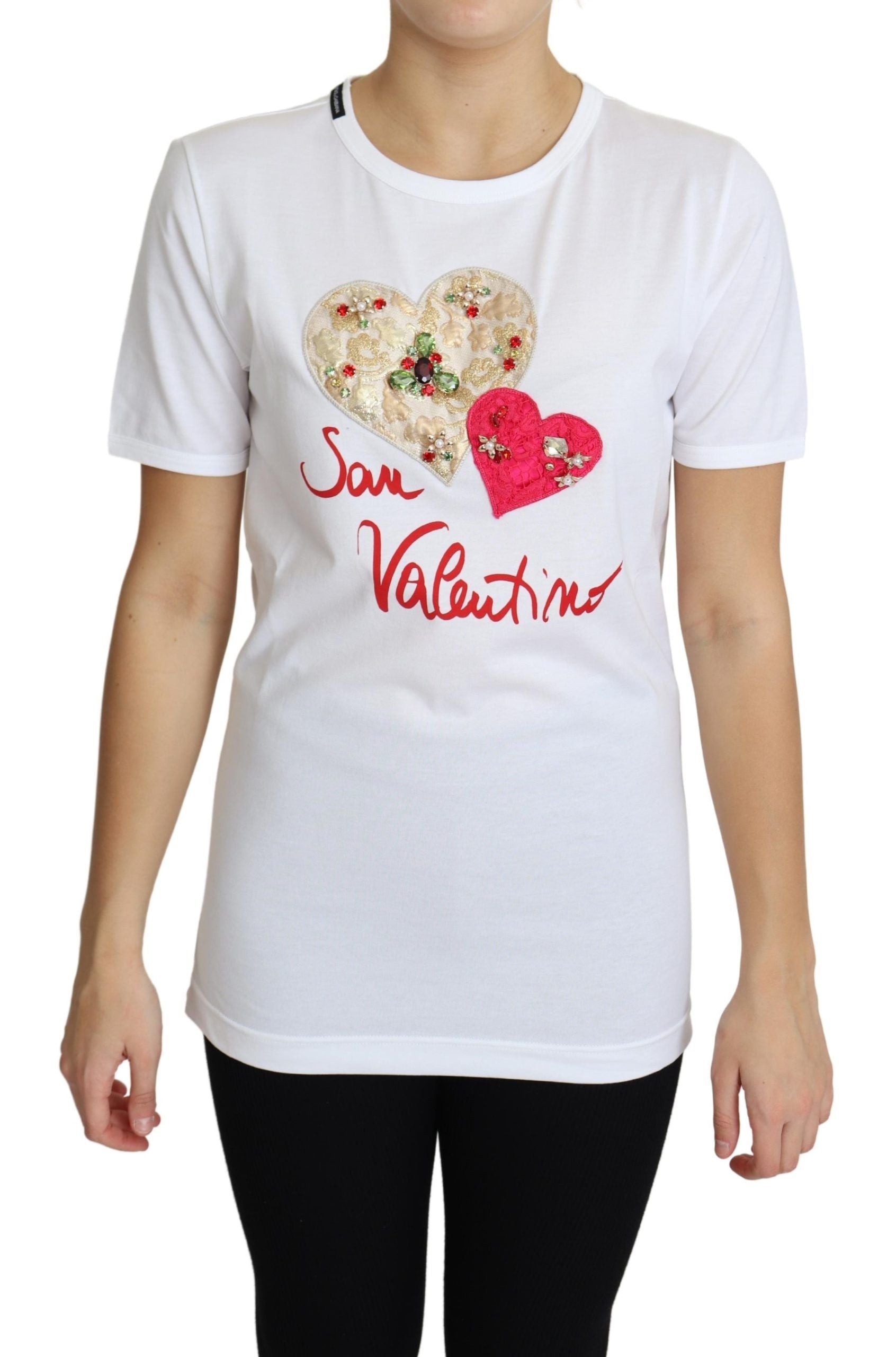 Dolce & Gabbana White San Valentino Heart Crystals T-shirt Top | Regal Royce