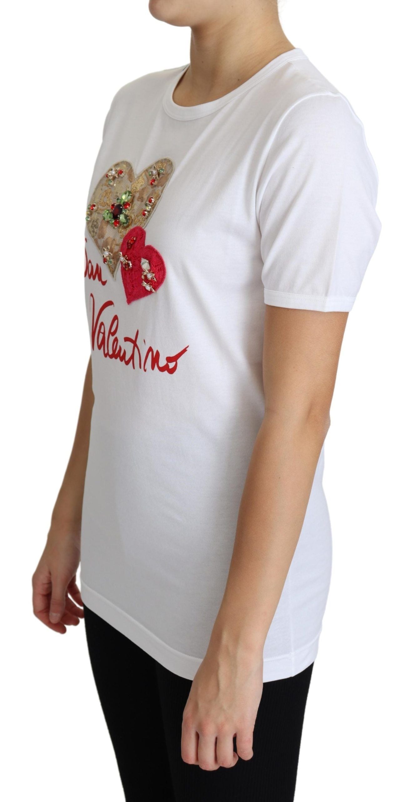 Dolce & Gabbana White San Valentino Heart Crystals T-shirt Top | Regal Royce