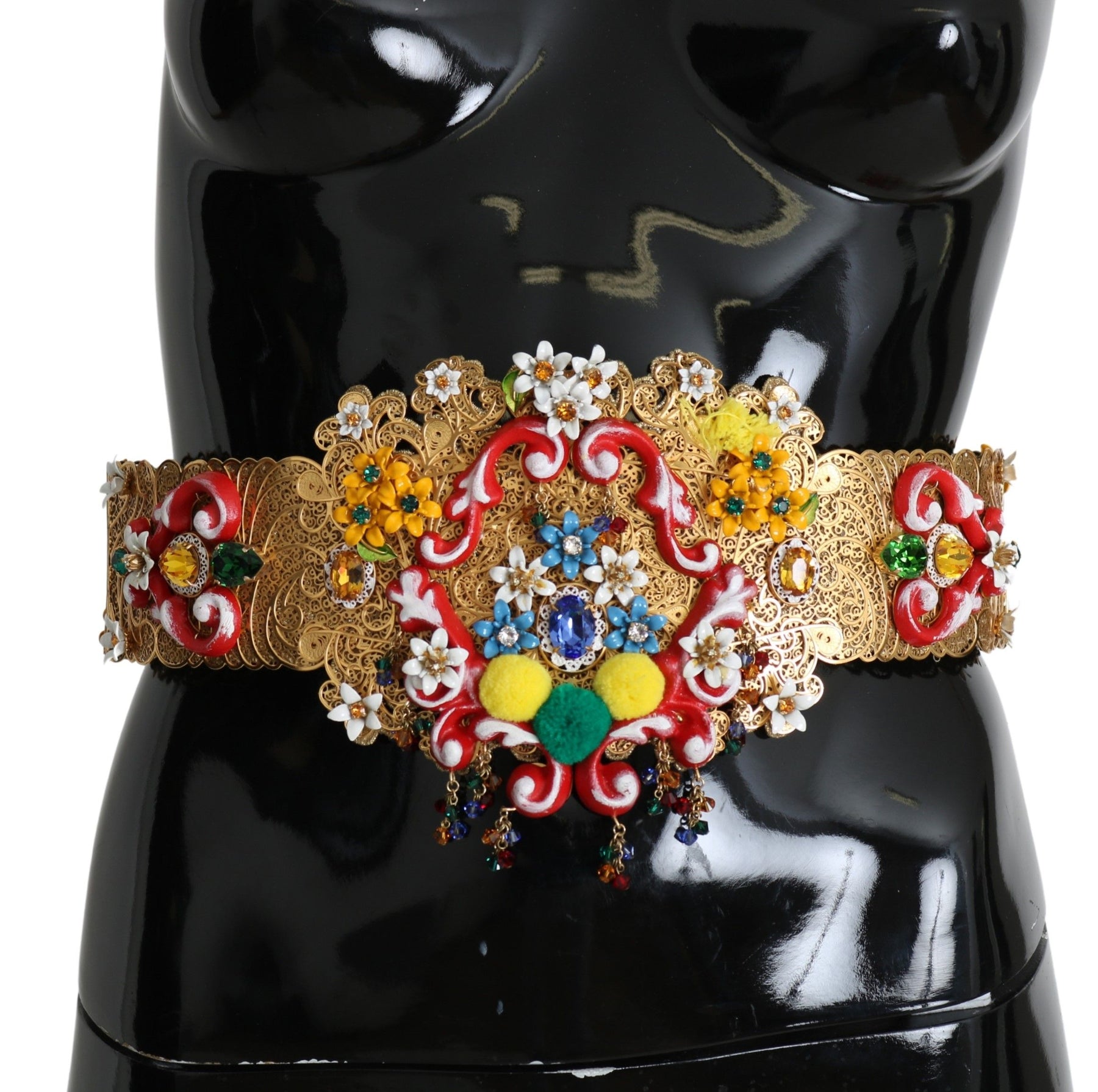 Dolce & Gabbana Embellished Floral Crystal Wide Waist Golden Belt | Regal Royce