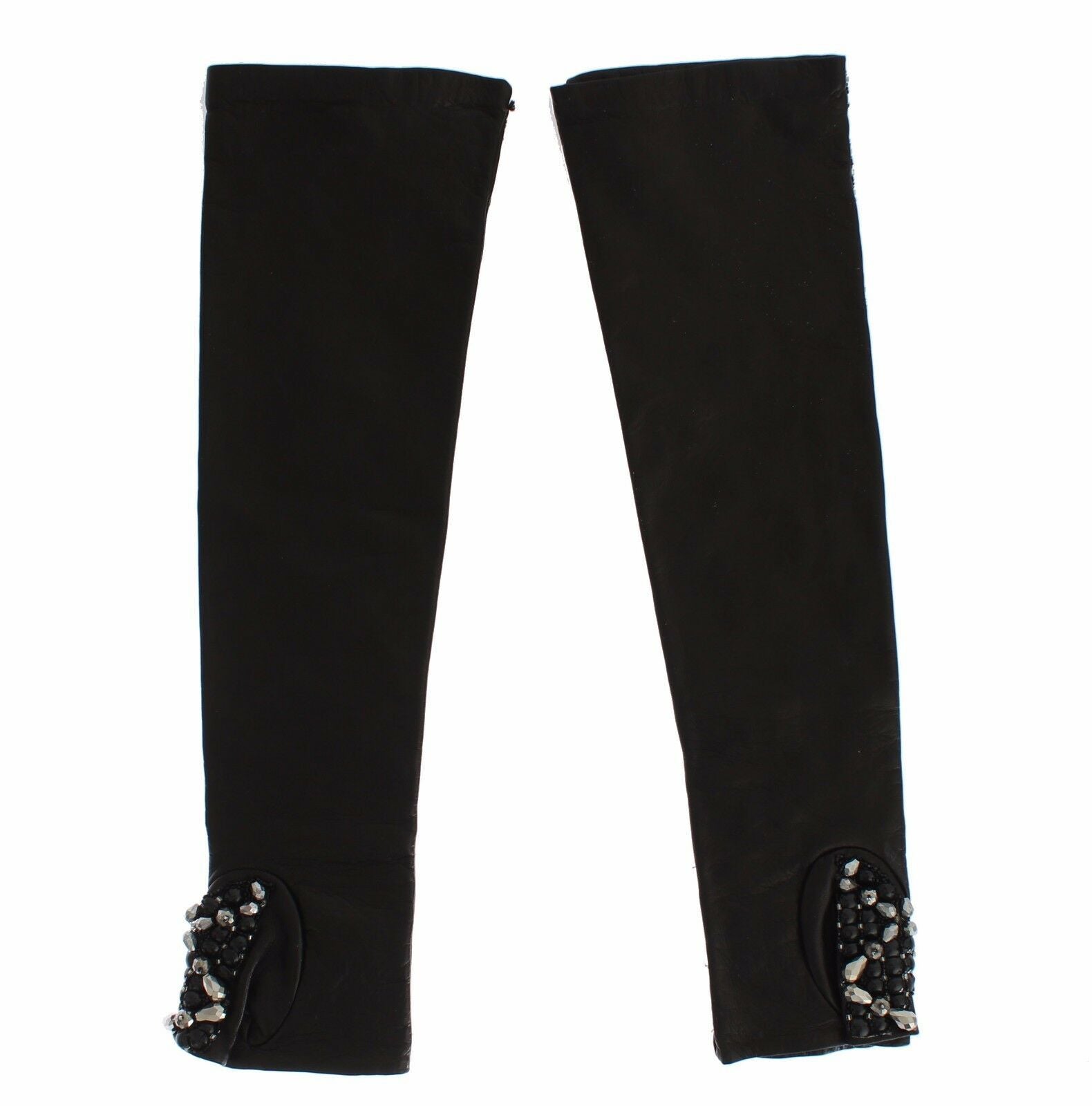Dolce & Gabbana Black Leather Crystal Beaded Finger Free Gloves | Regal Royce