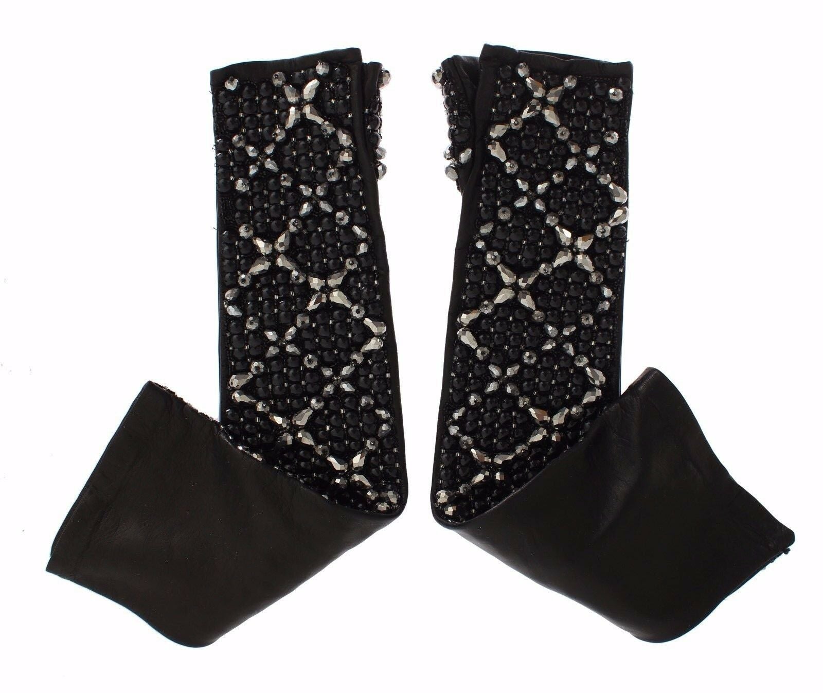 Dolce & Gabbana Black Leather Crystal Beaded Finger Free Gloves | Regal Royce