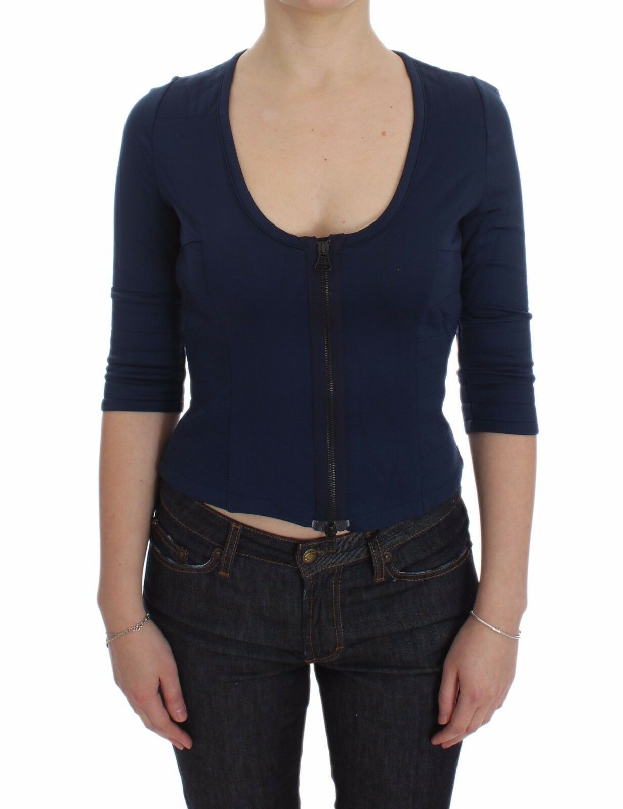 Exte Blue Cotton Top Zipper Deep Crew-neck Sweater | Regal Royce