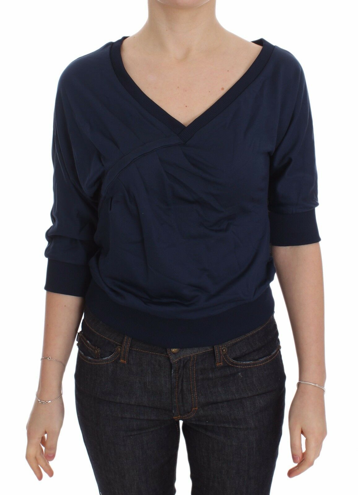 Exte Blue Cotton Top Pullover Deep V-neck Women Sweater | Regal Royce