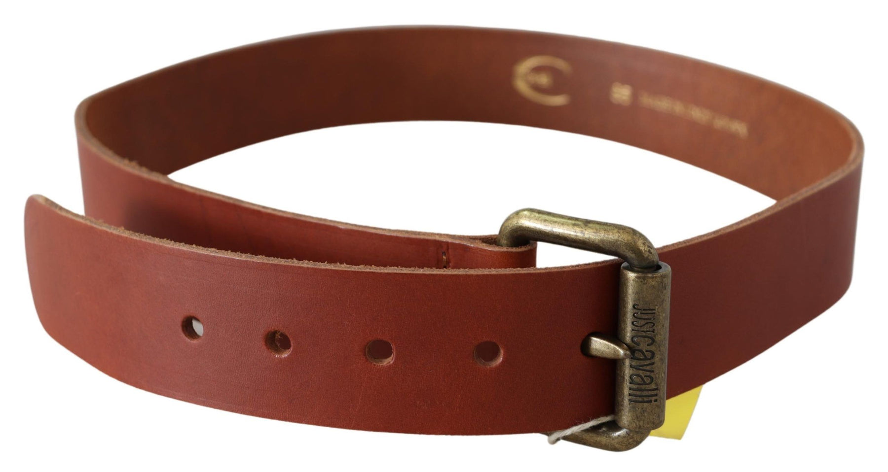 Just Cavalli Brown Leather Logo Bronze Rustic Metal Buckle Belt | Regal Royce