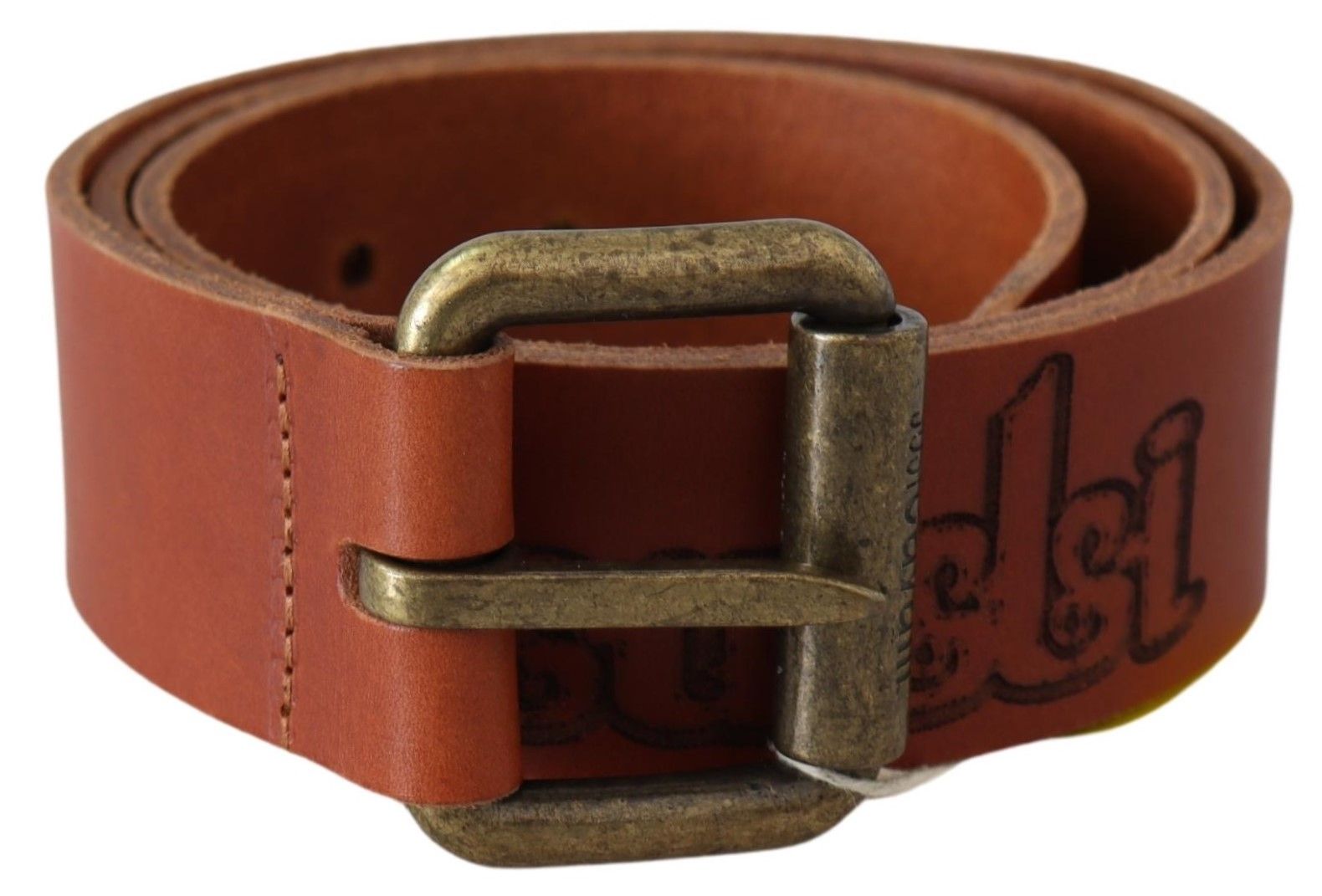 Just Cavalli Brown Leather Logo Bronze Rustic Metal Buckle Belt | Regal Royce