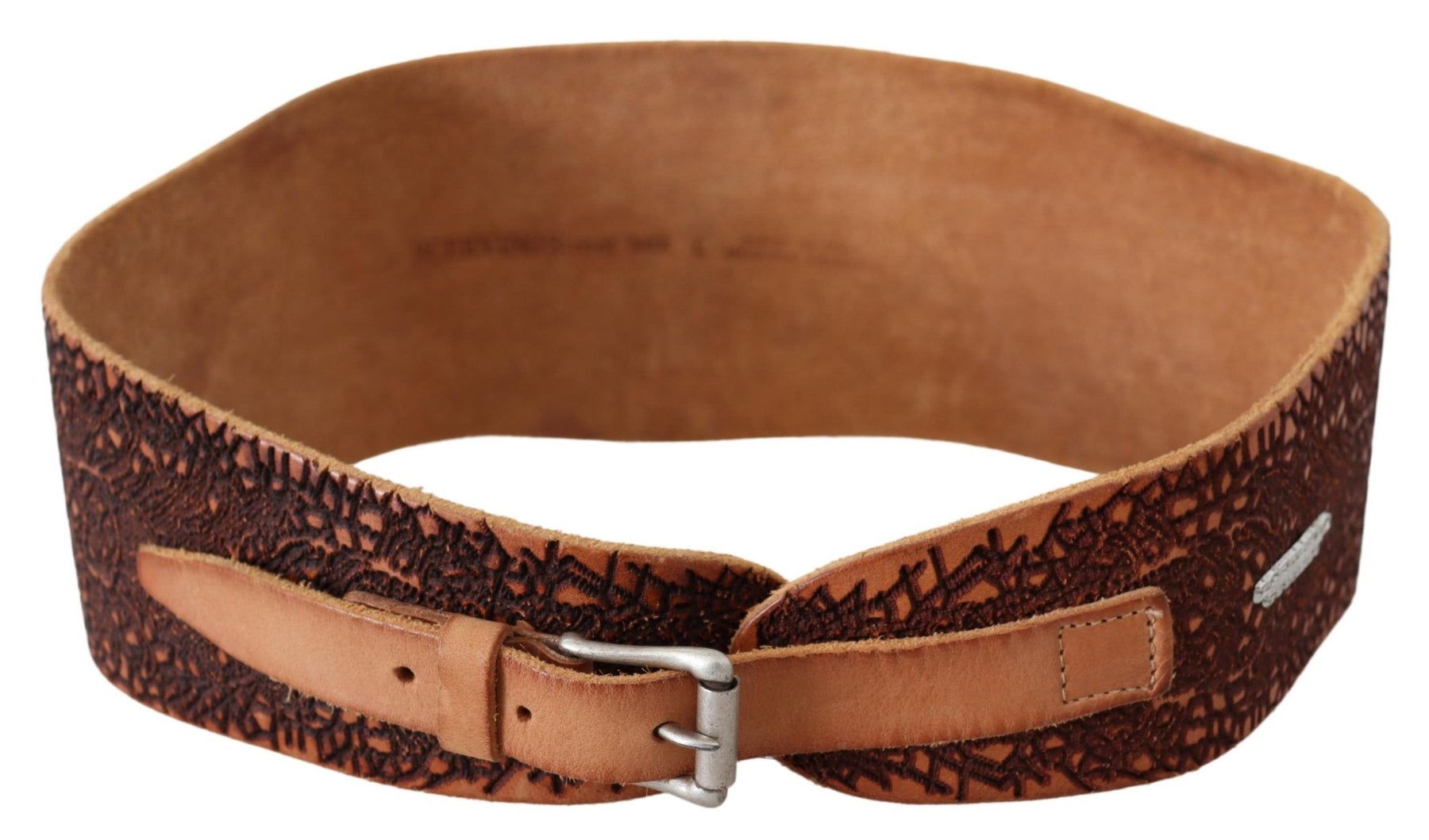 Scervino Street Brown Wide Leather Embroidered Design Logo Belt | Regal Royce