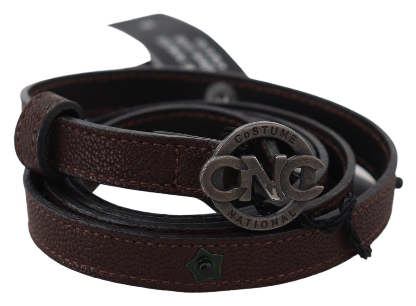 Costume National Brown Skinny Leather Round Logo Buckle Belt | Regal Royce