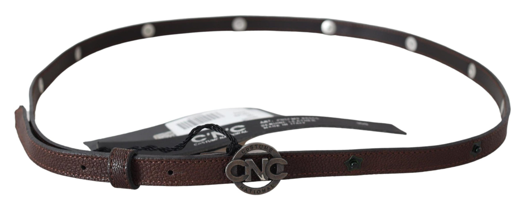 Costume National Brown Skinny Leather Round Logo Buckle Belt | Regal Royce