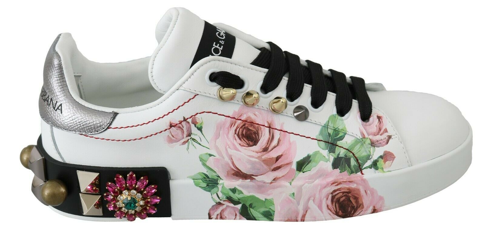Dolce & Gabbana White Leather Crystal Roses Floral Sneakers Shoes | Regal Royce