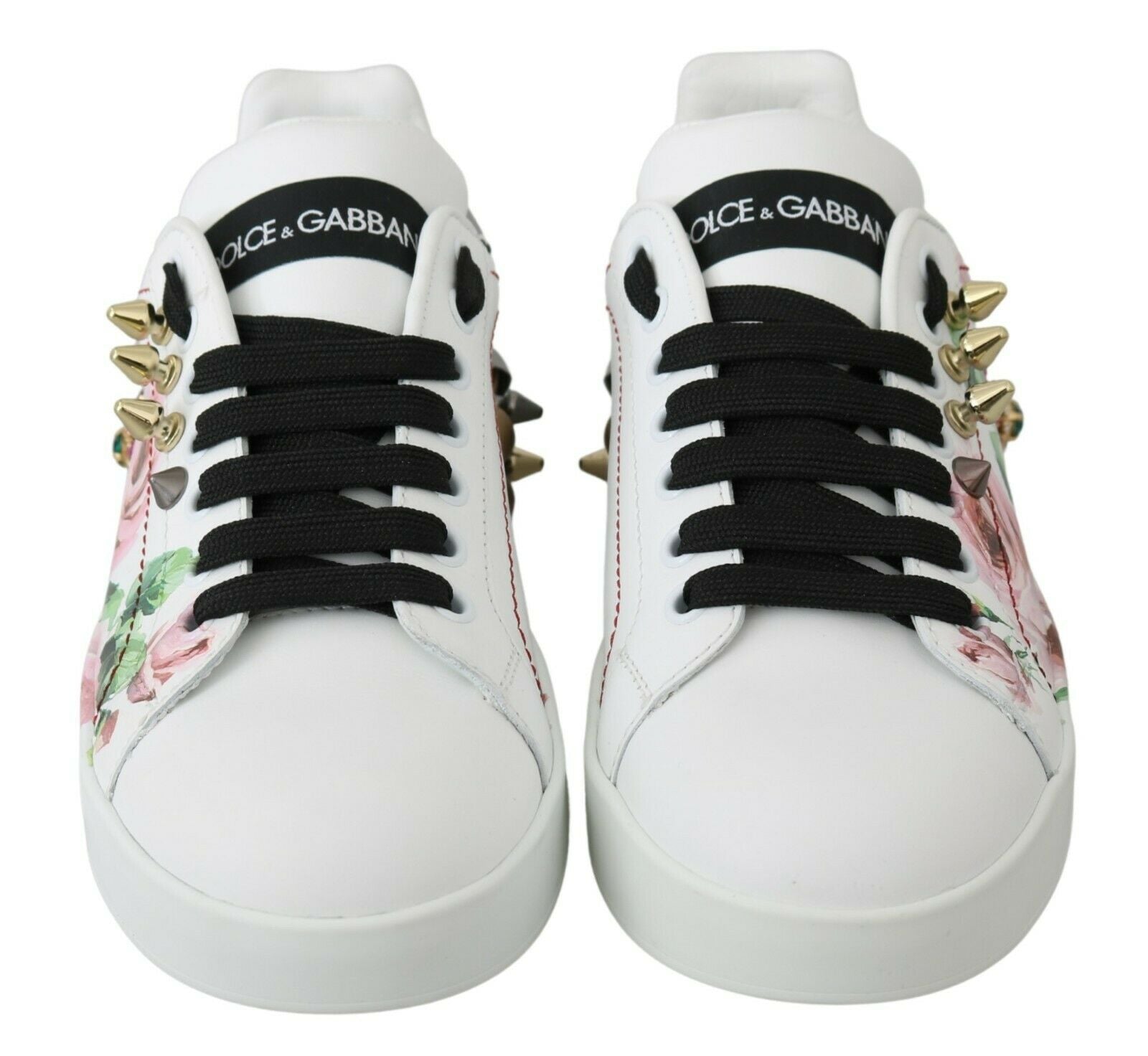 Dolce & Gabbana White Leather Crystal Roses Floral Sneakers Shoes | Regal Royce