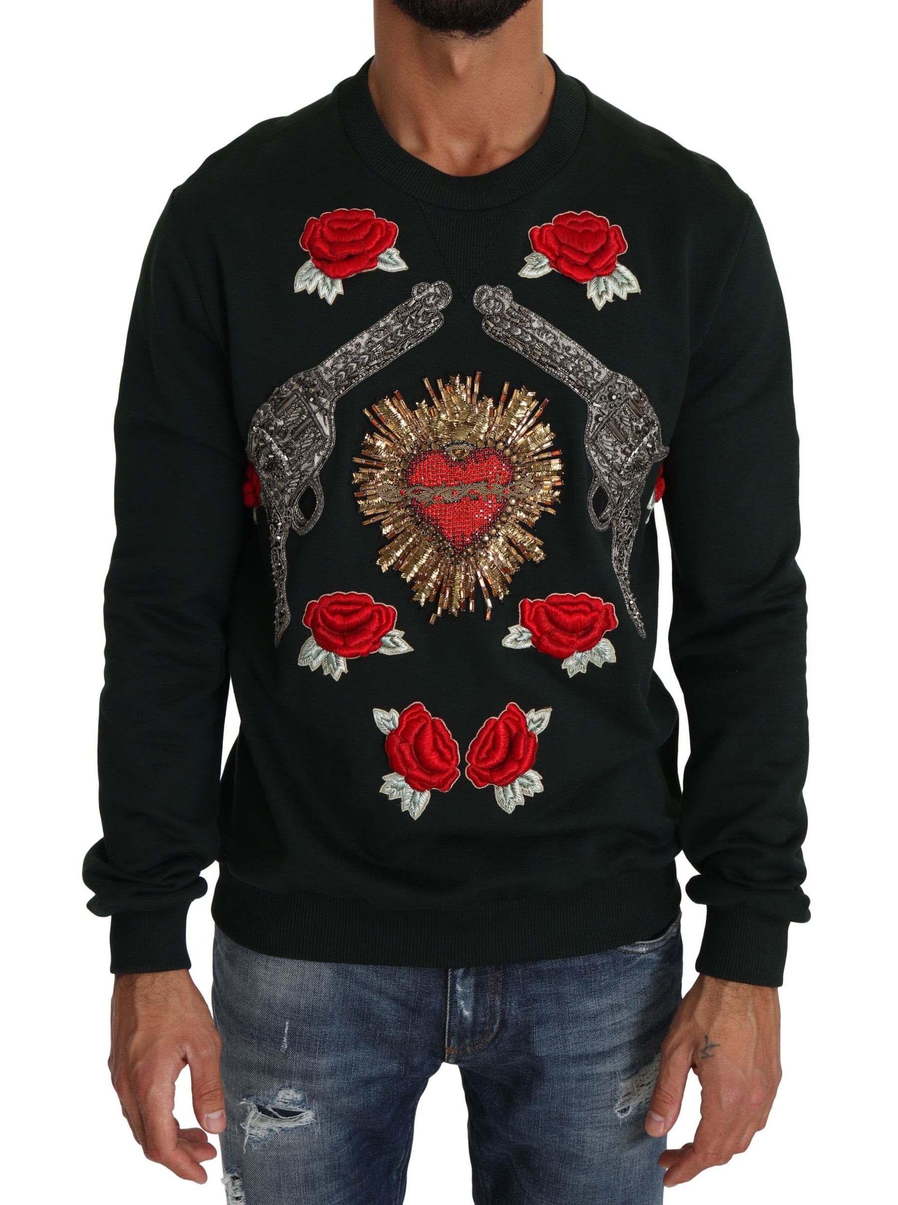 Dolce & Gabbana Green Crystal Heart Roses Gun Sweater | Regal Royce