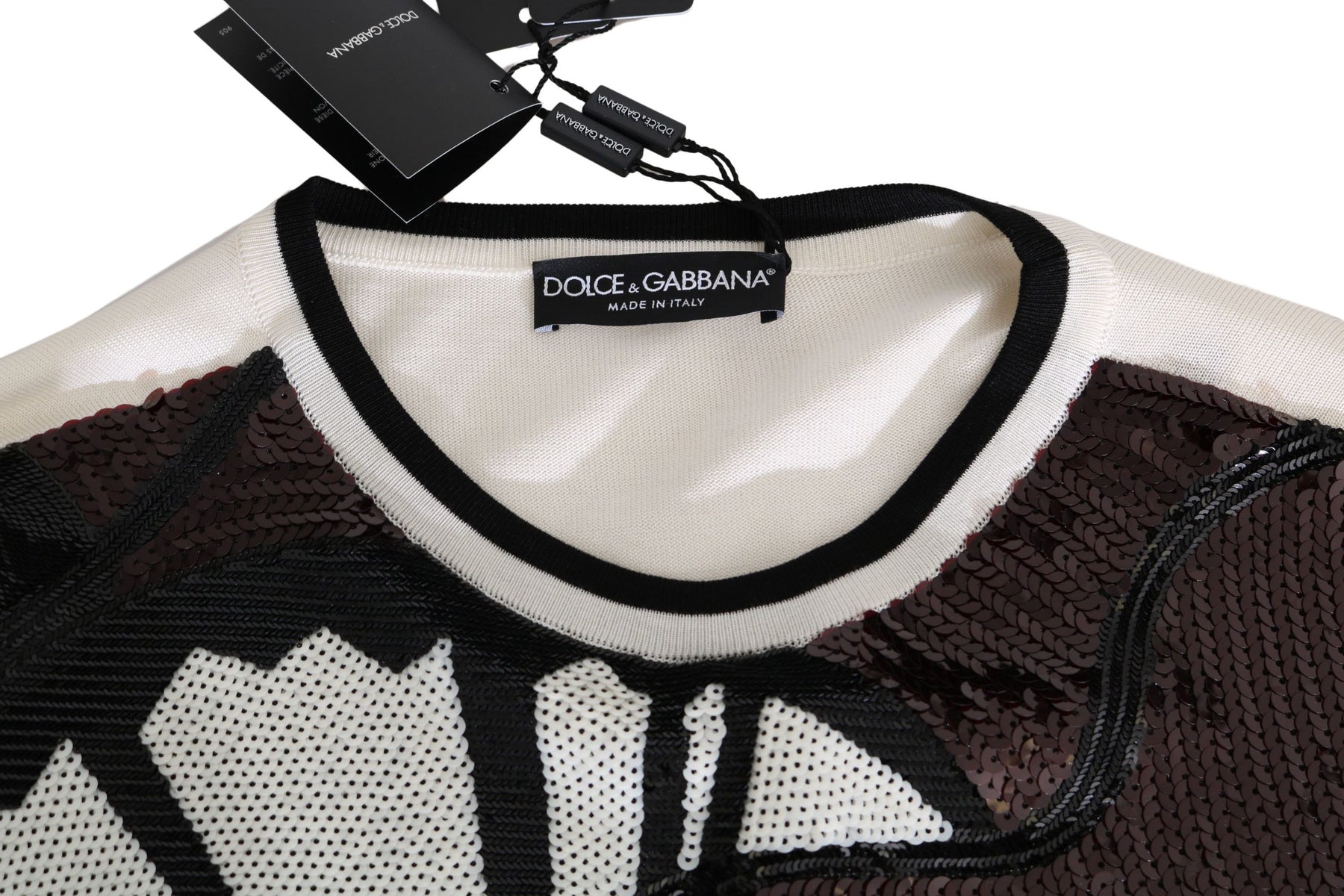 Dolce & Gabbana White Jazz Sequined Guitar Pullover Top Sweater | Regal Royce