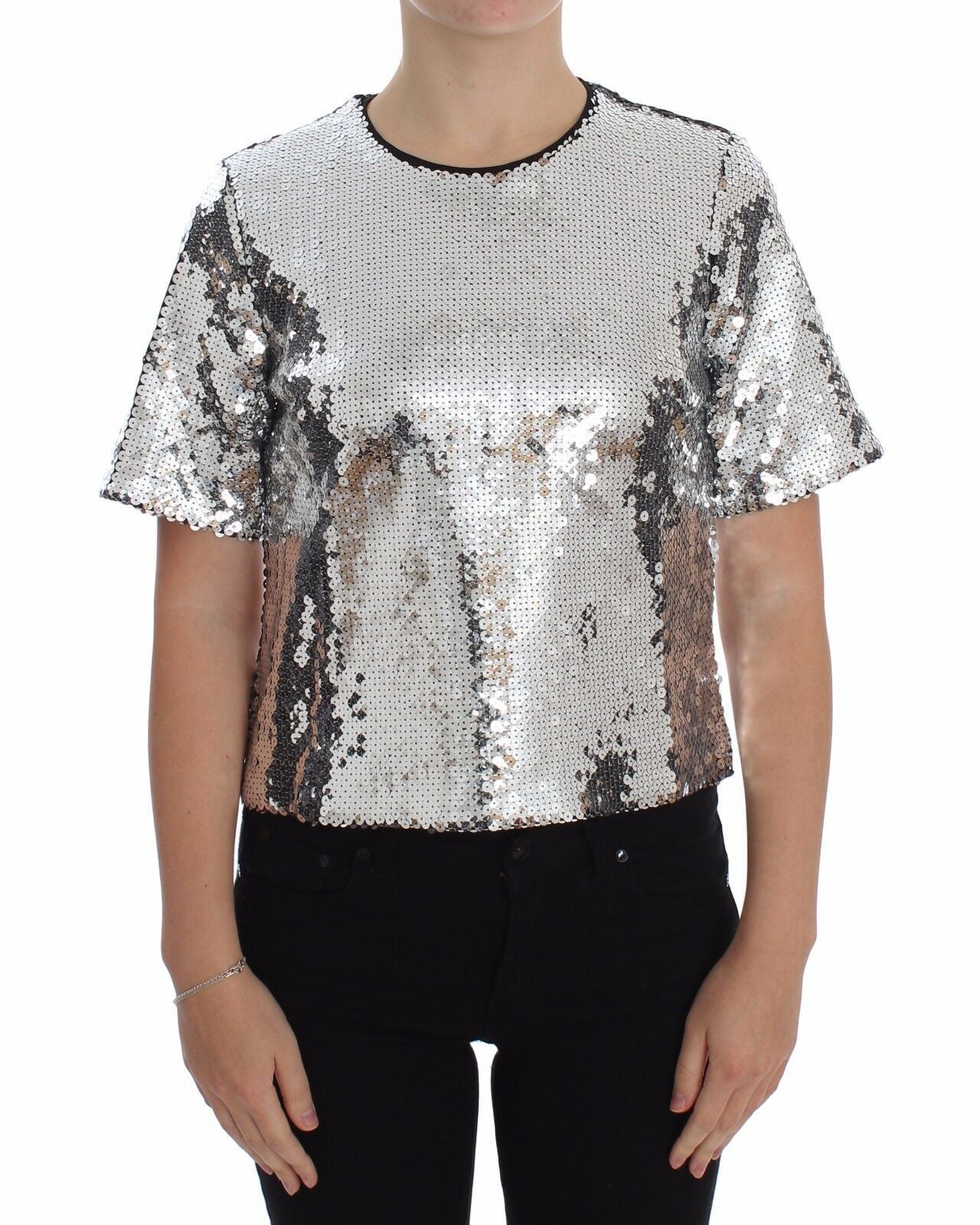 Dolce & Gabbana Silver Sequined Crewneck Blouse T-shirt Top | Regal Royce