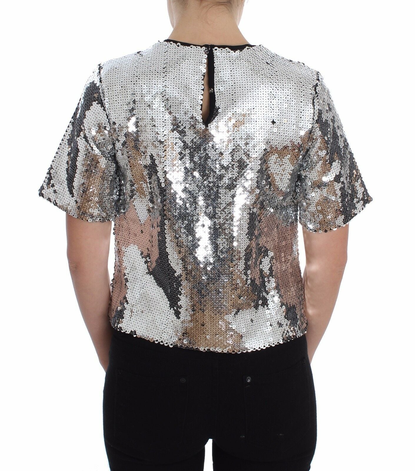 Dolce & Gabbana Silver Sequined Crewneck Blouse T-shirt Top | Regal Royce