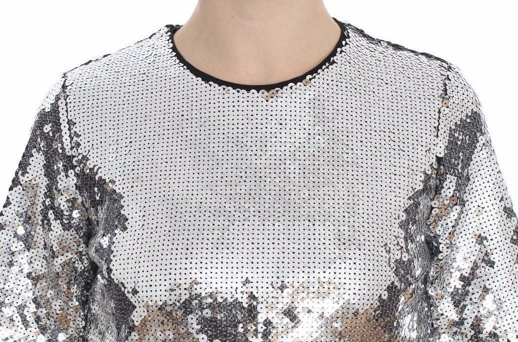 Dolce & Gabbana Silver Sequined Crewneck Blouse T-shirt Top | Regal Royce
