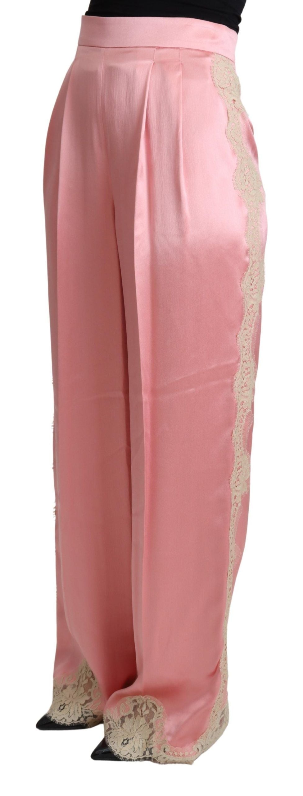 Dolce & Gabbana Pink Lace Trimmed Silk Satin Wide Legs Pants | Regal Royce