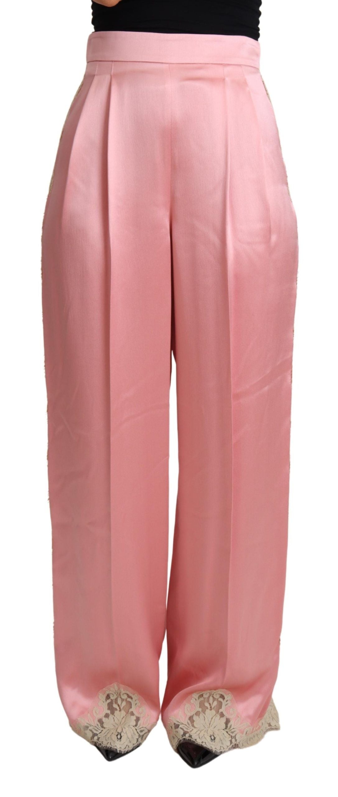 Dolce & Gabbana Pink Lace Trimmed Silk Satin Wide Legs Pants | Regal Royce