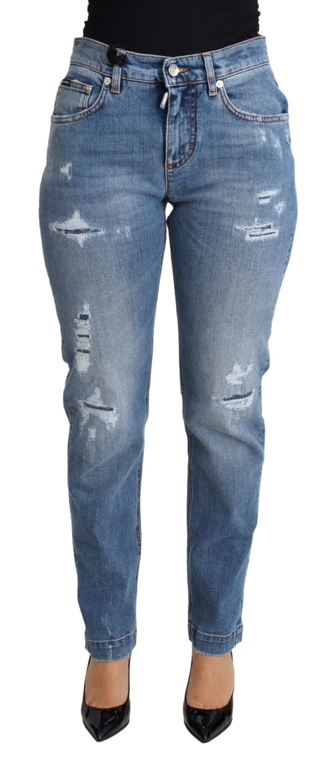 Dolce & Gabbana Blue Tattered Skinny Denim Cotton Blend Jeans | Regal Royce