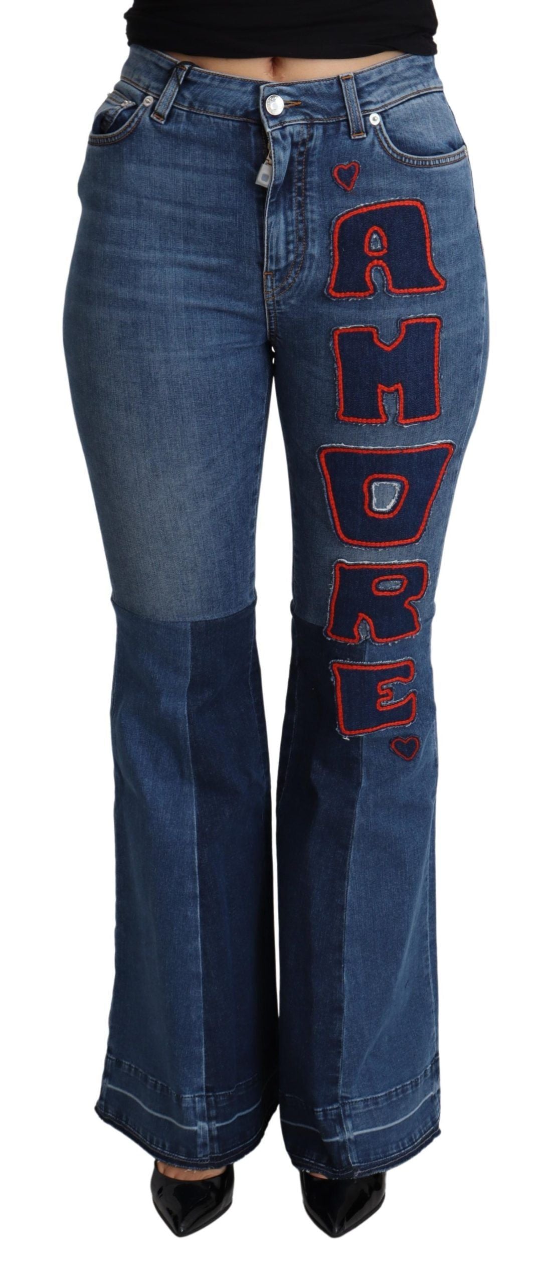Dolce & Gabbana Blue Amore Patch Boot Cut Cotton Stretch Pant | Regal Royce