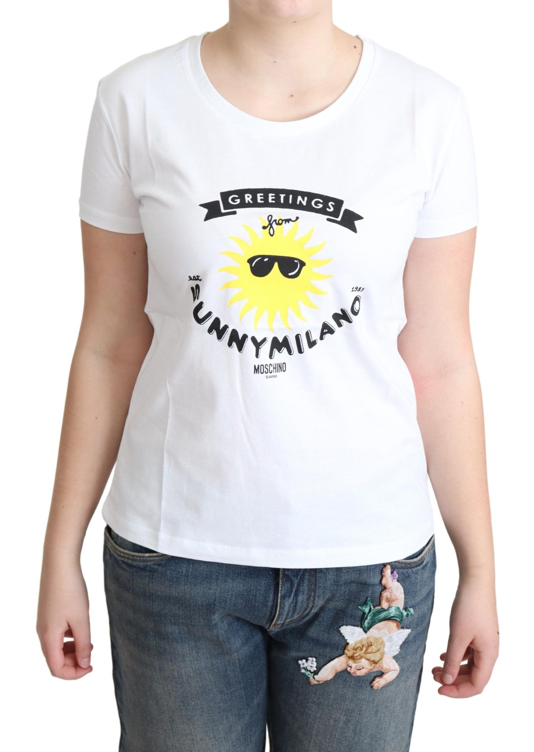 Moschino White Cotton Sunny Milano Print T-shirt | Regal Royce
