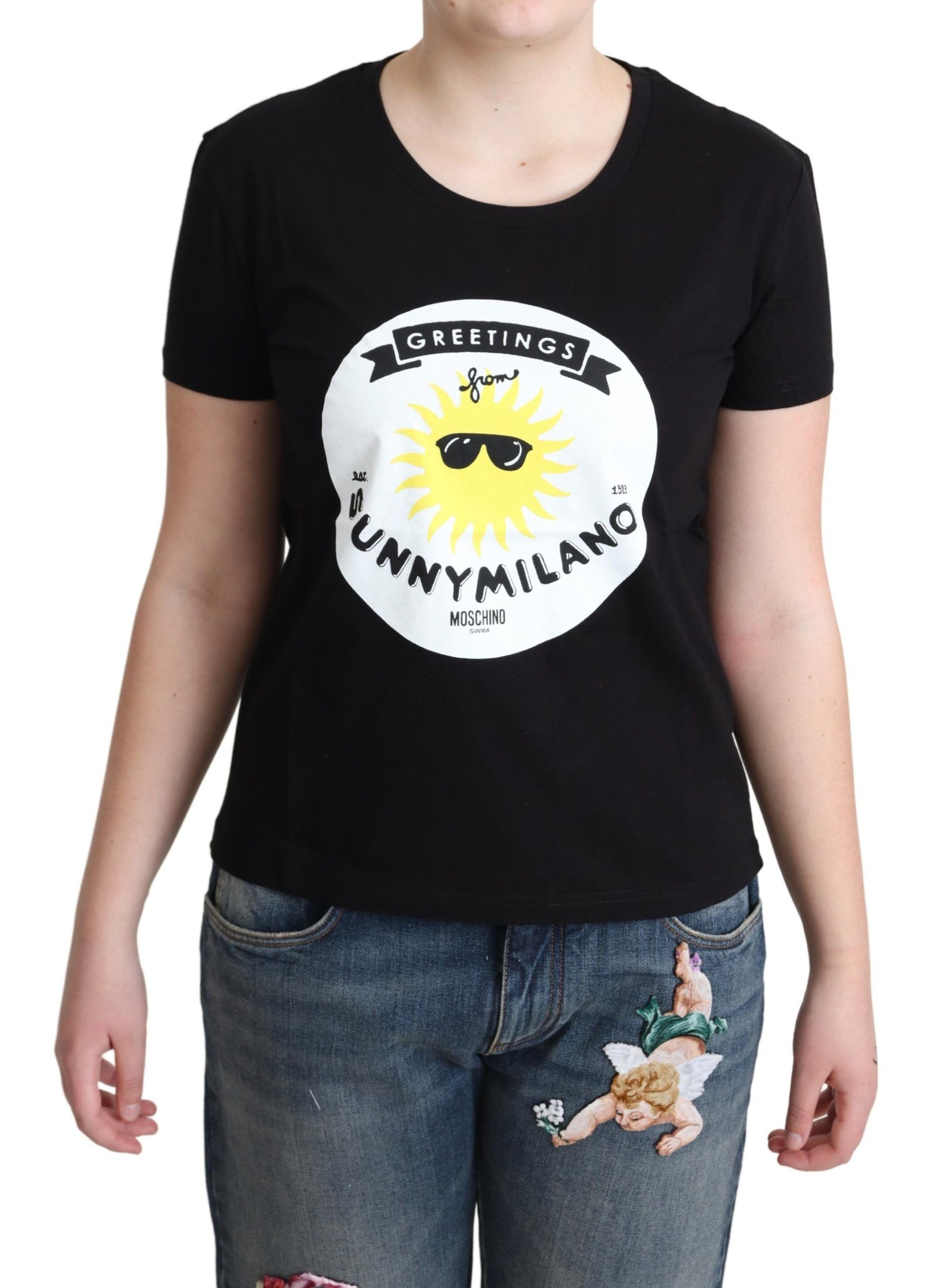 Moschino Black Cotton Sunny Milano Print T-shirt | Regal Royce
