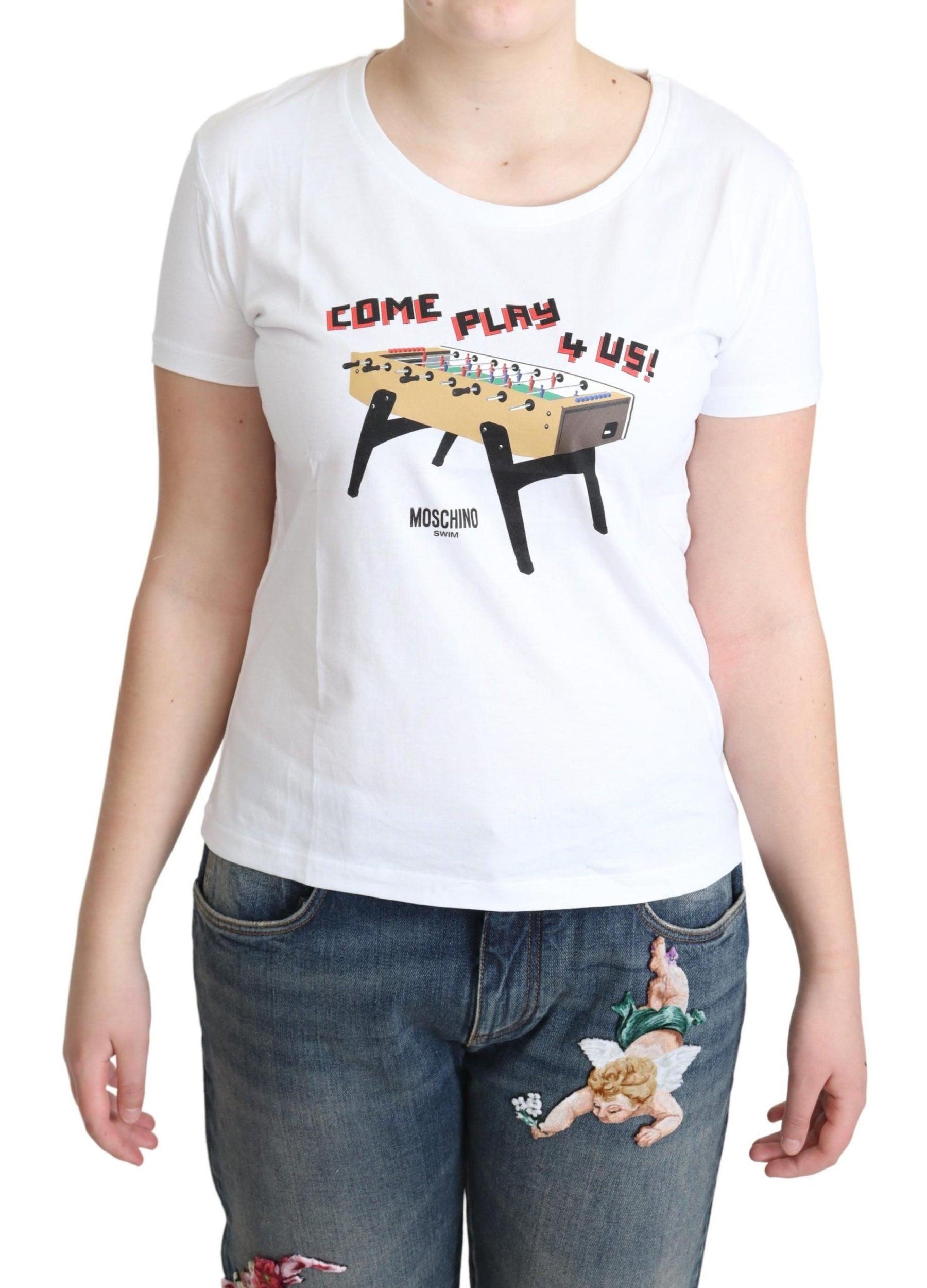 Moschino White Cotton Come Play 4 Us Print Tops T-shirt | Regal Royce