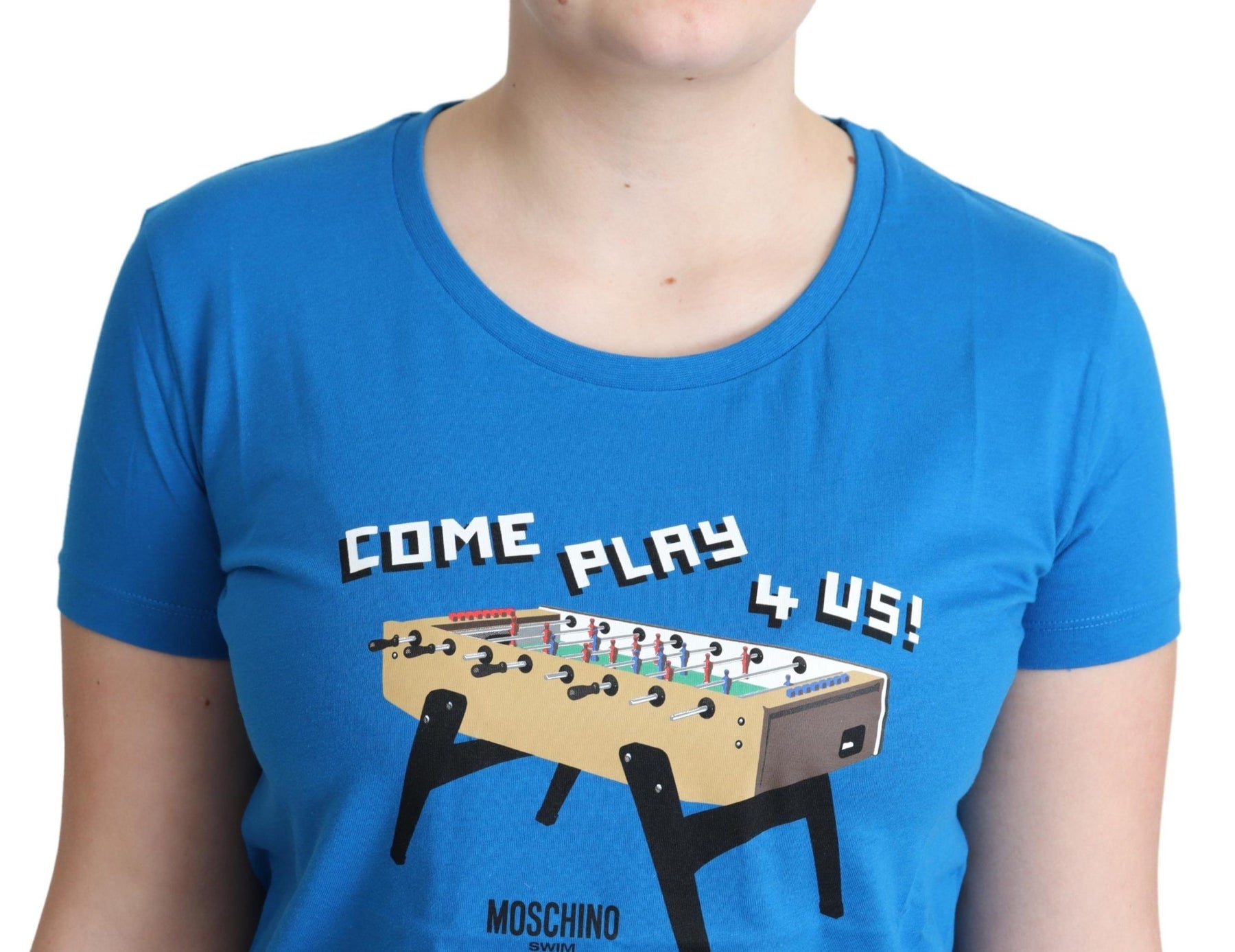 Moschino Blue Cotton Come Play 4 Us Print T-shirt | Regal Royce