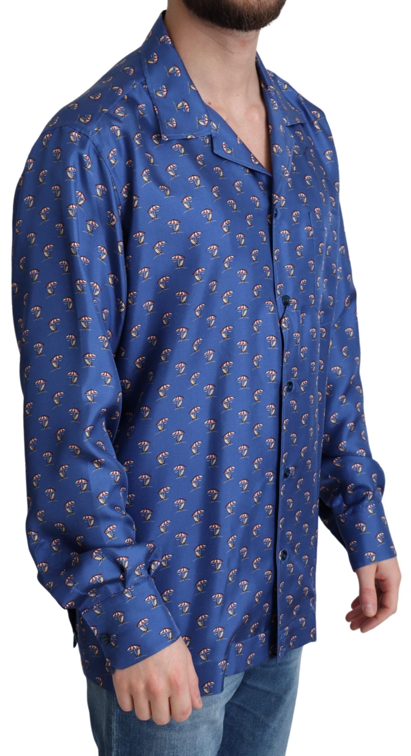 Dolce & Gabbana Blue Beach Chair Umbrella Print Silk Shirt | Regal Royce