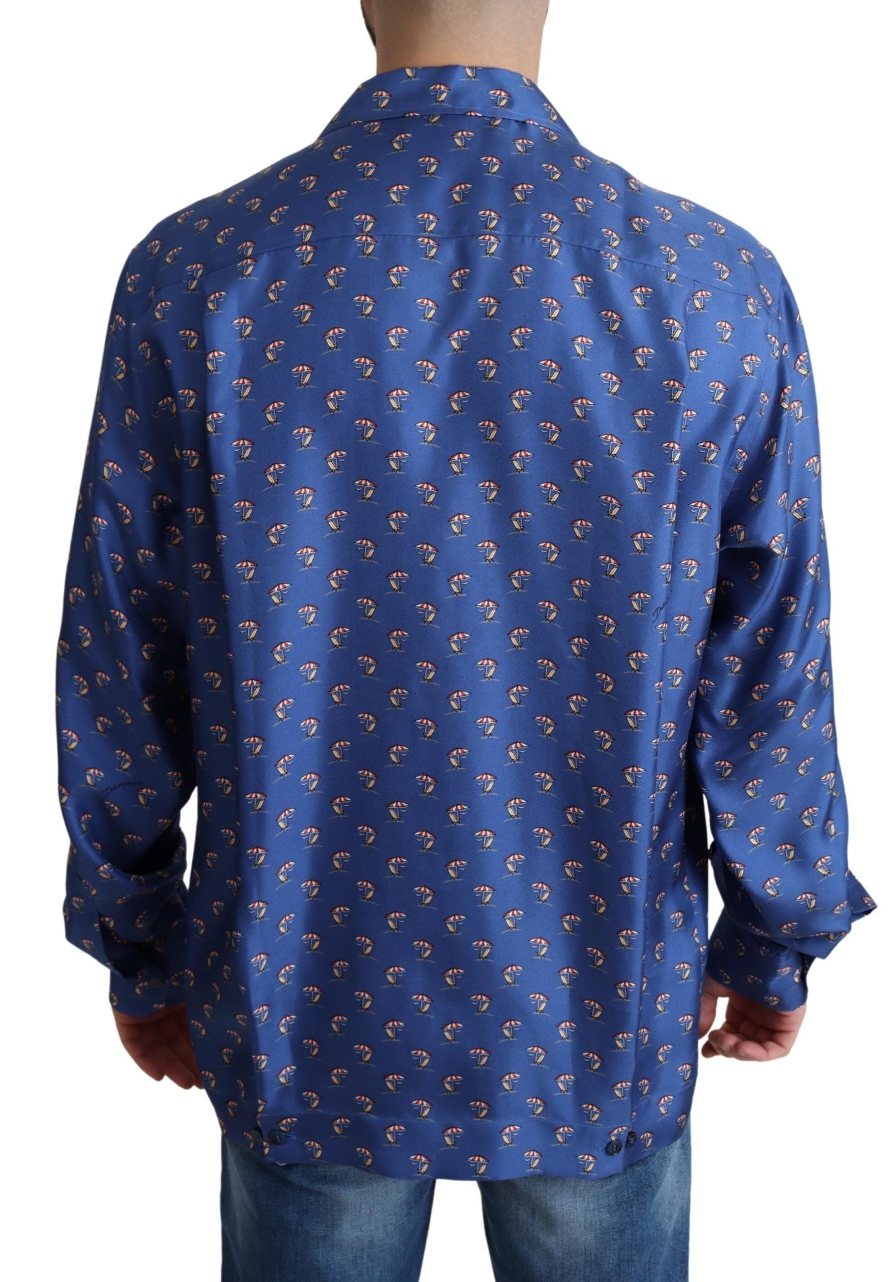 Dolce & Gabbana Blue Beach Chair Umbrella Print Silk Shirt | Regal Royce