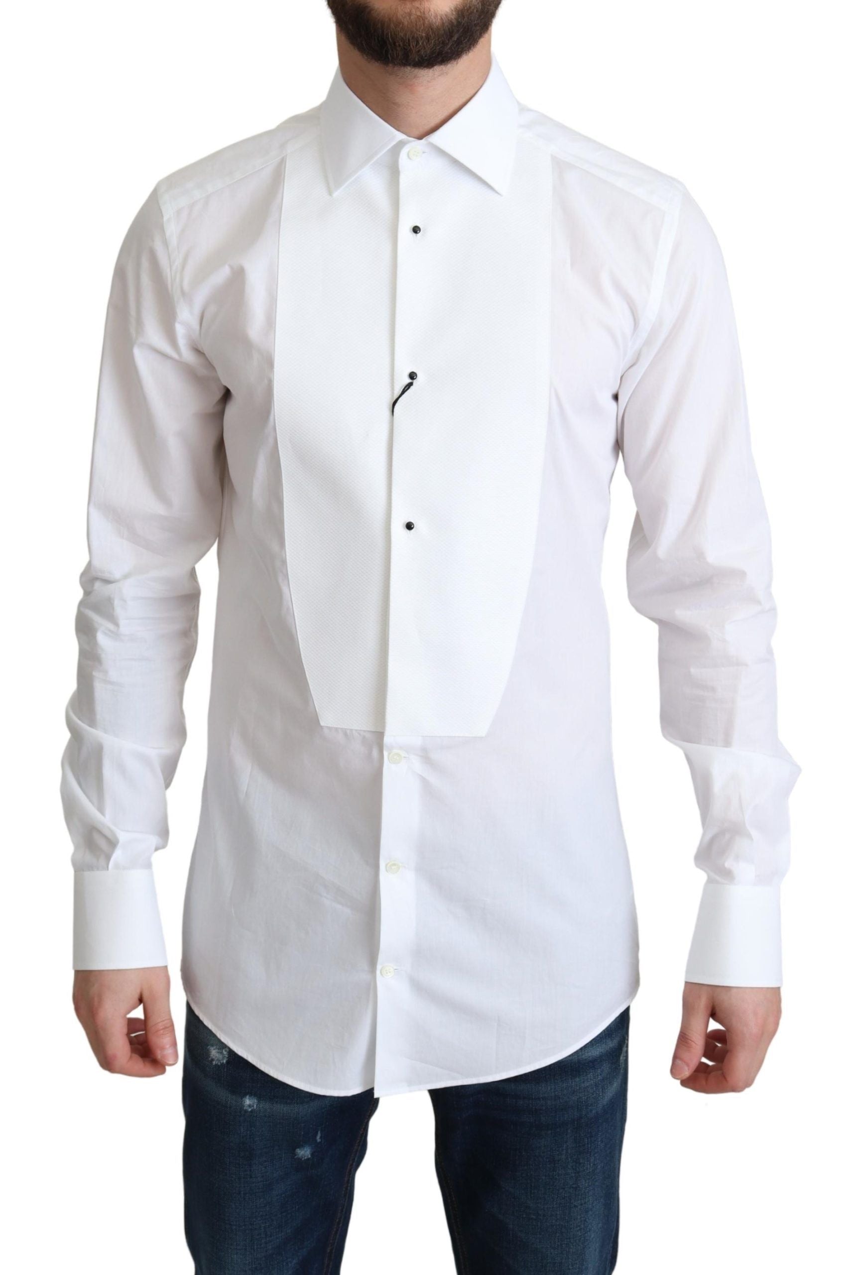 Dolce & Gabbana White Bib Cotton Poplin Men Formal Shirt | Regal Royce