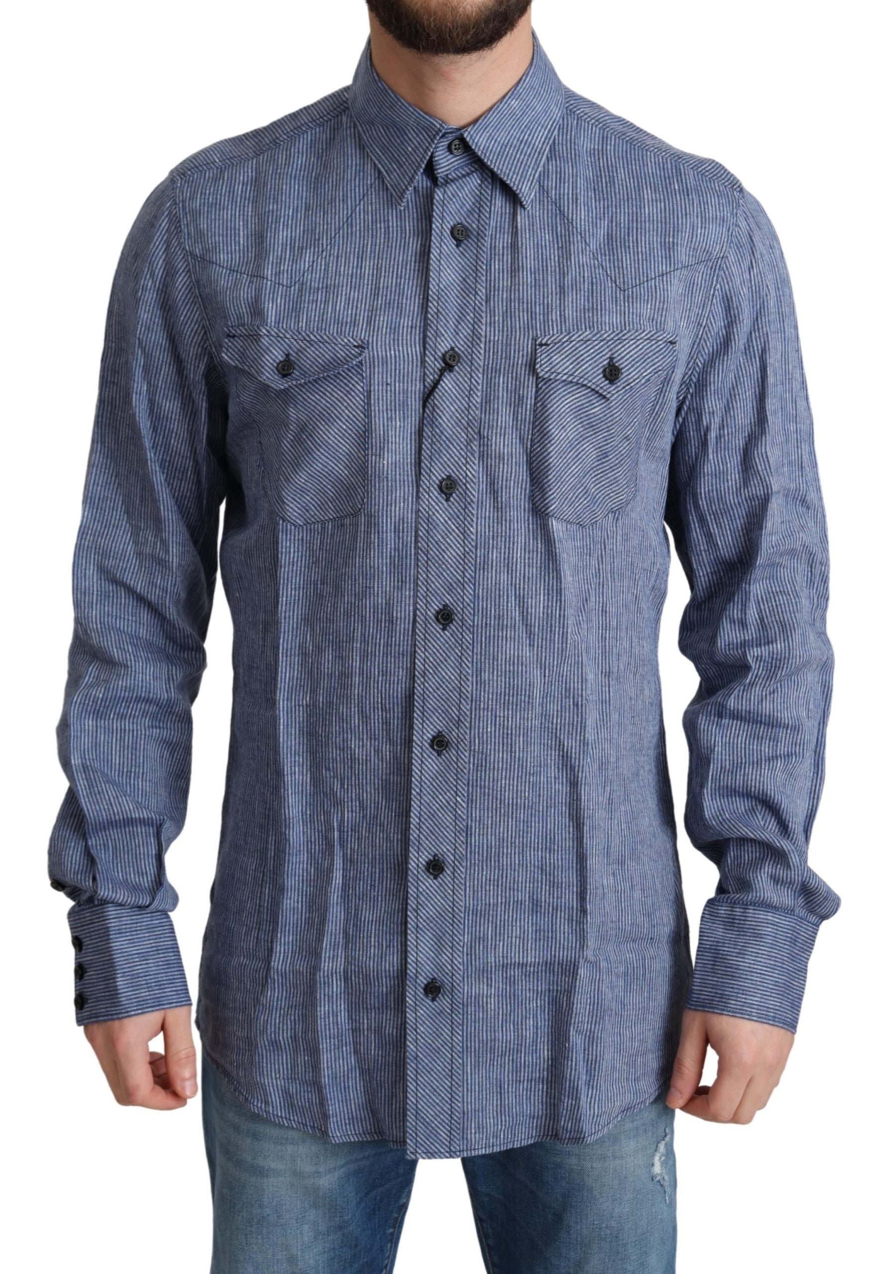 Dolce & Gabbana Blue Stripes Men Casual Button Down Shirt | Regal Royce