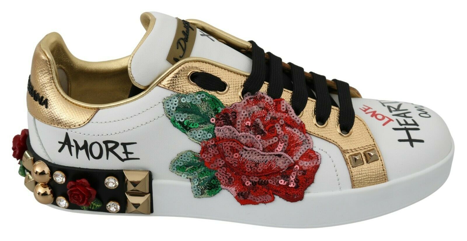 Dolce & Gabbana White Roses Sequined Crystal Womens Sneakers Shoes | Regal Royce