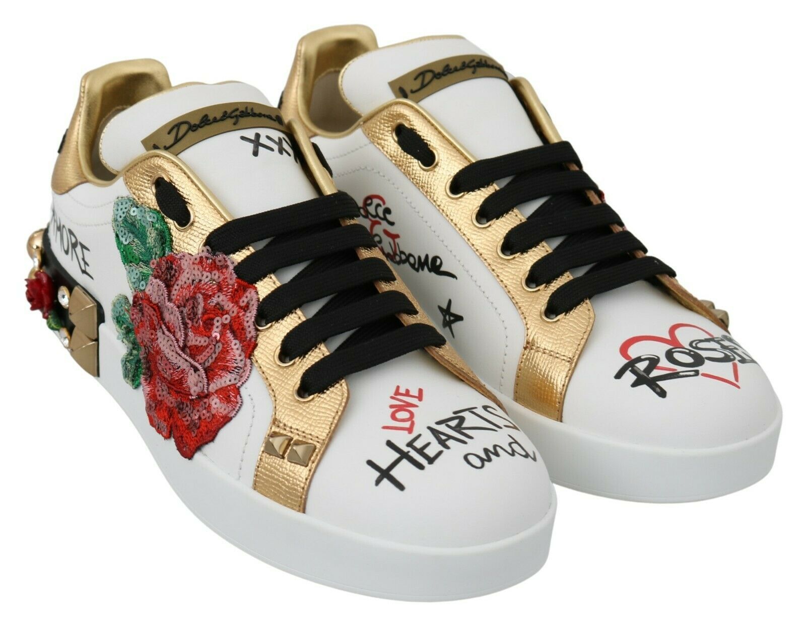 Dolce & Gabbana White Roses Sequined Crystal Womens Sneakers Shoes | Regal Royce