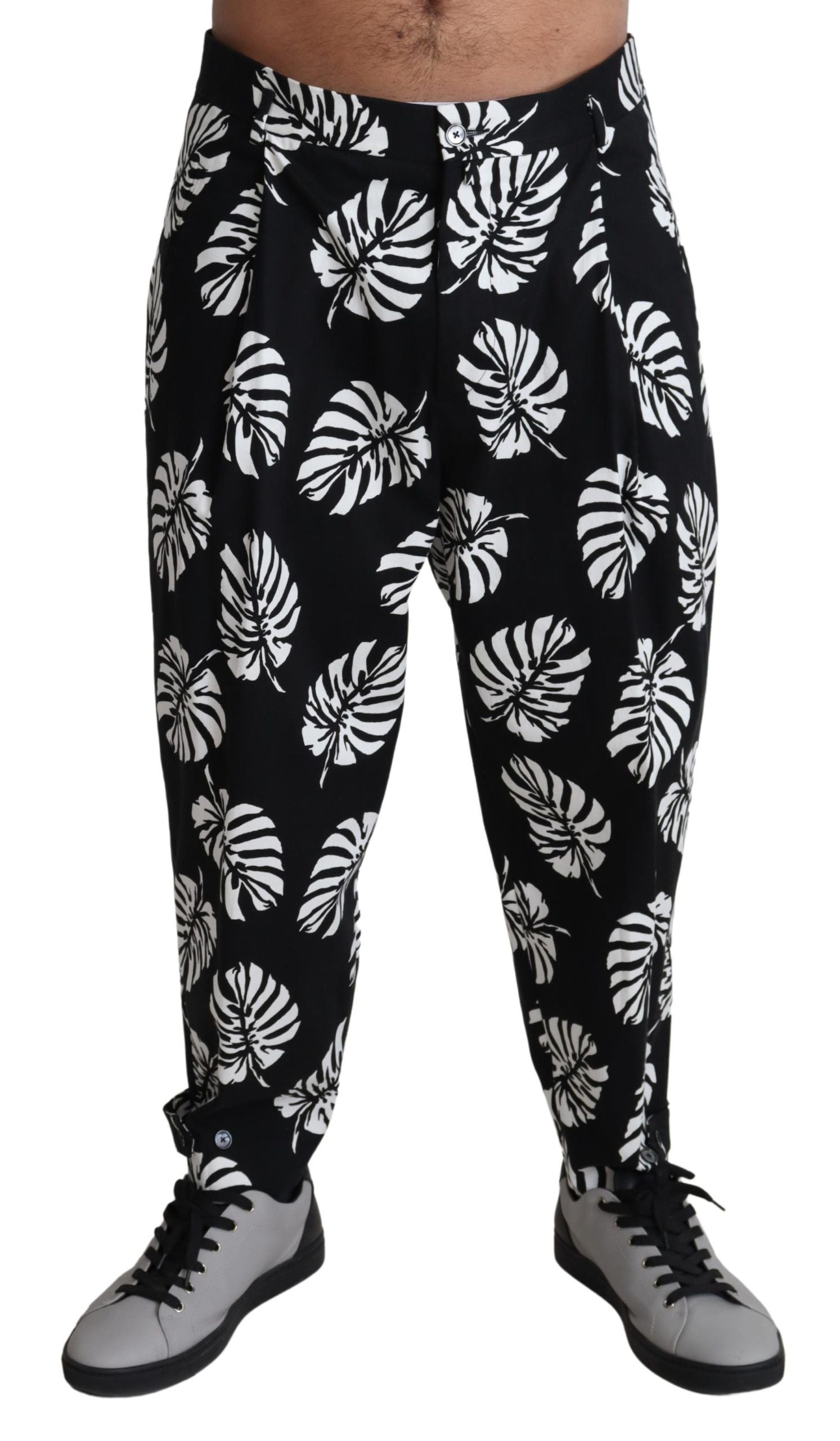 Dolce & Gabbana Black Leaf Cotton Stretch Trouser Pants Pants | Regal Royce