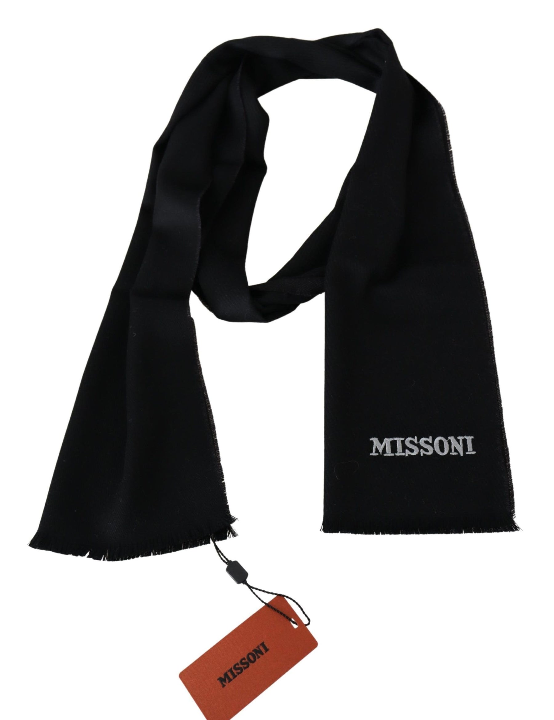 Missoni Black 100% Wool Unisex Neck Wrap Fringes Logo Scarf | Regal Royce