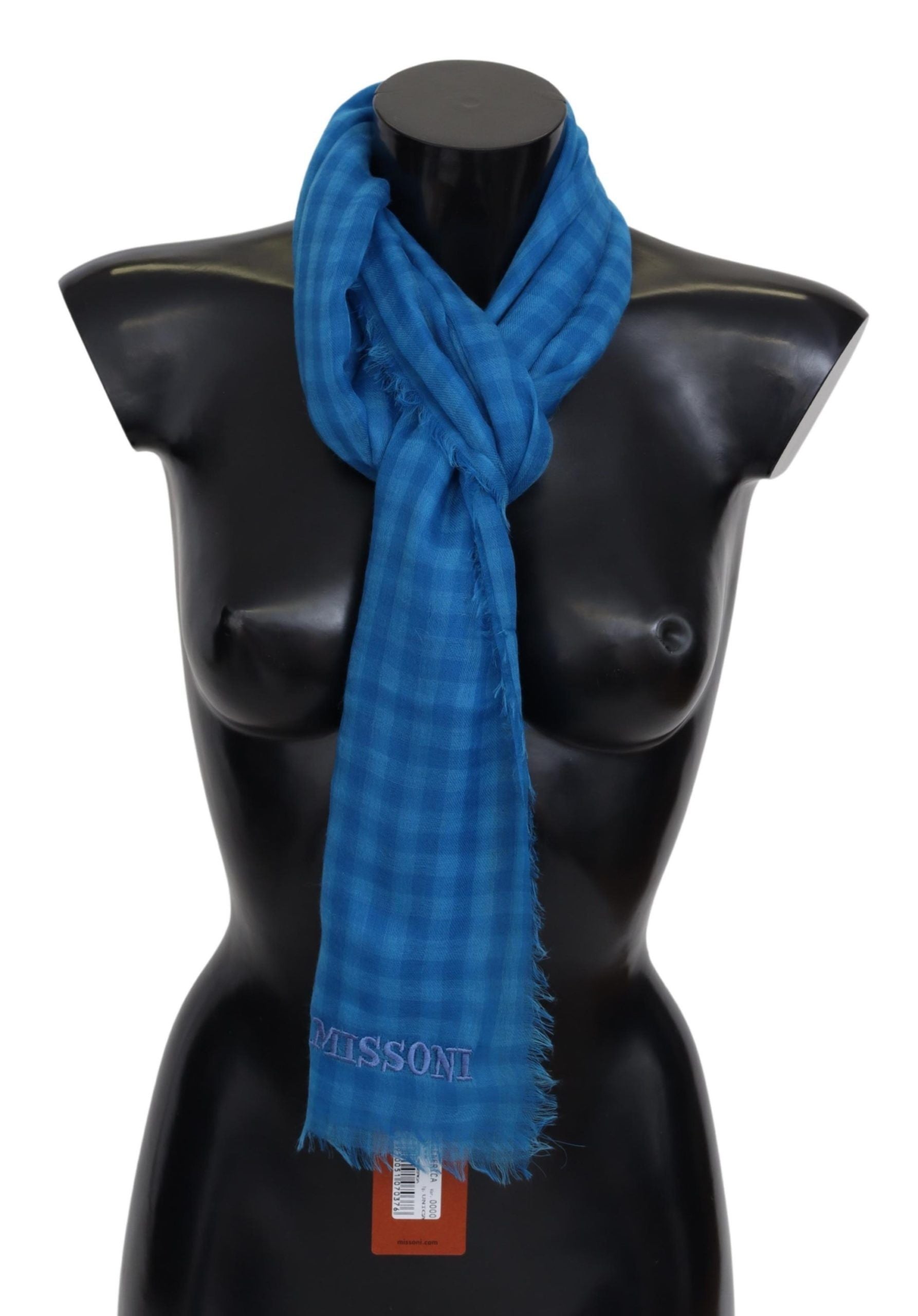 Missoni Blue Checkered Cashmere Unisex Wrap Fringes Scarf | Regal Royce