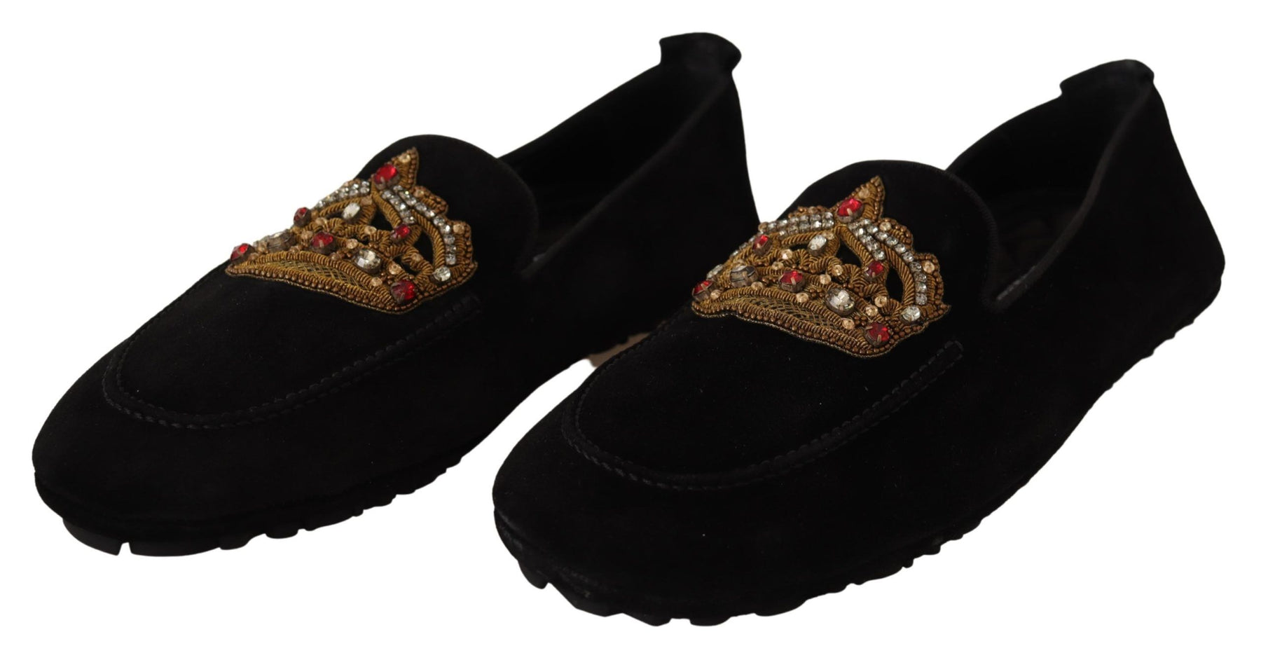 Dolce & Gabbana Black Leather Crystal Gold Crown Loafers Shoes | Regal Royce