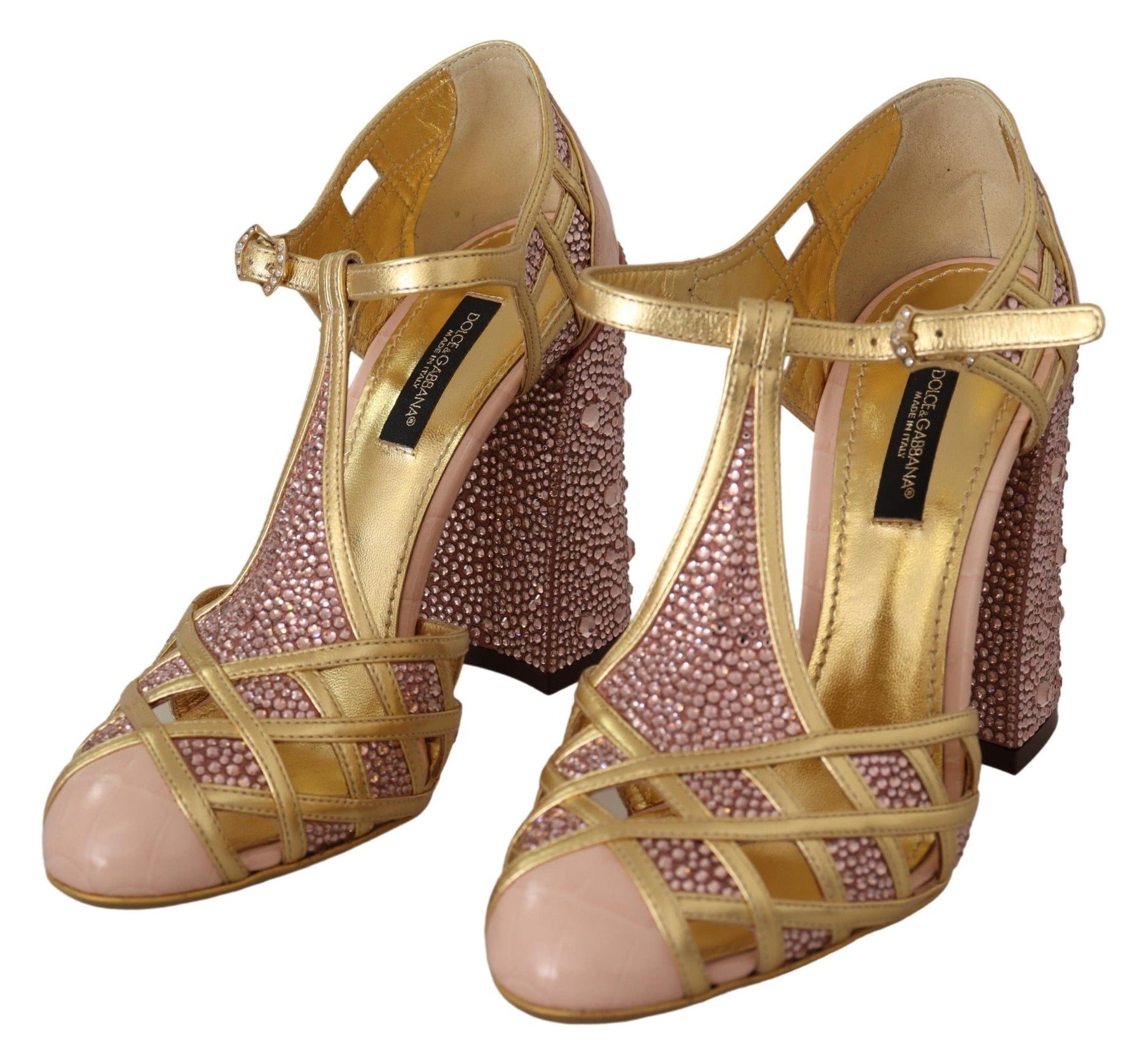 Dolce & Gabbana Pink Gold Leather Crystal Pumps T-strap Shoes | Regal Royce