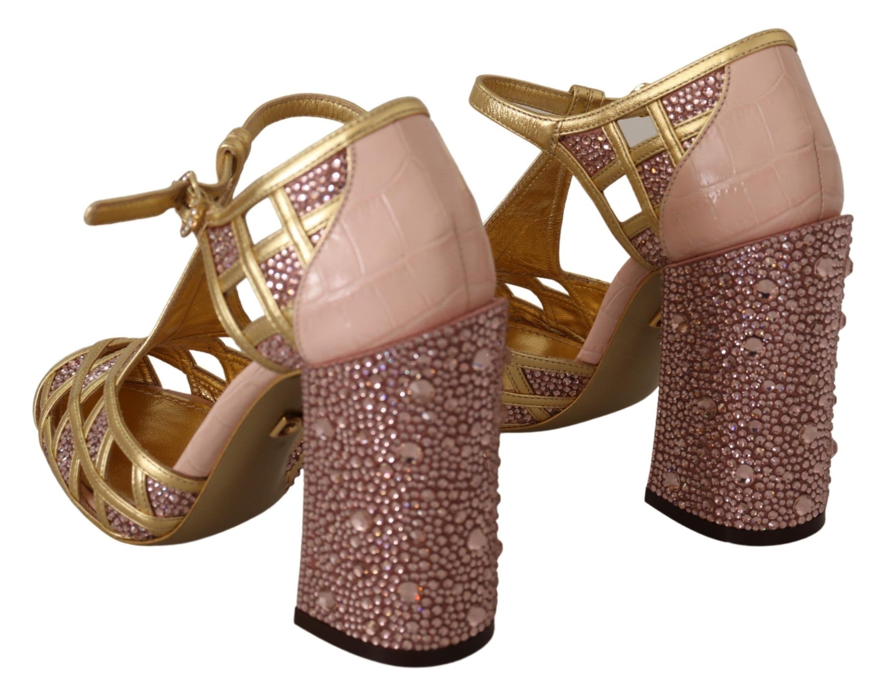 Dolce & Gabbana Pink Gold Leather Crystal Pumps T-strap Shoes | Regal Royce