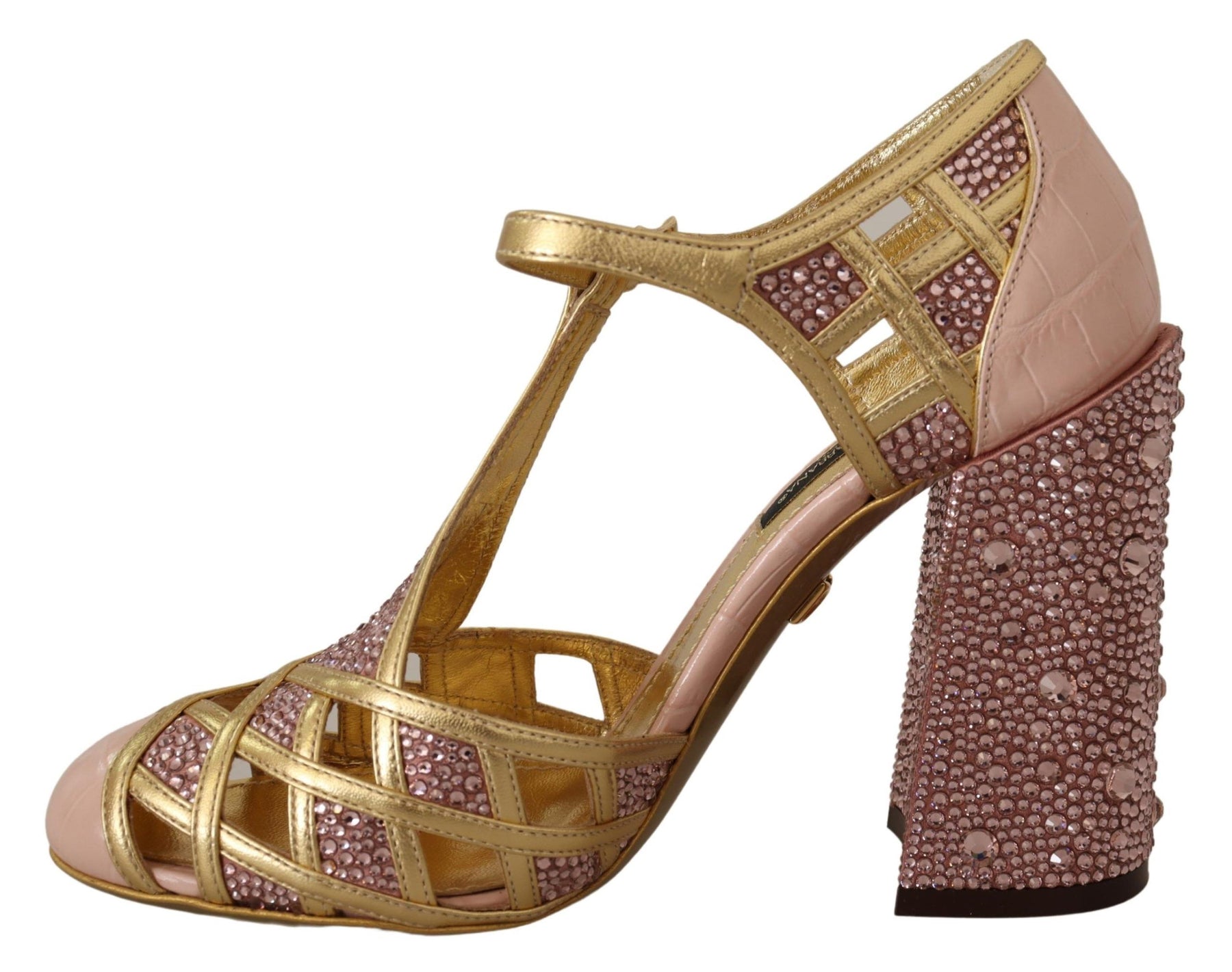 Dolce & Gabbana Pink Gold Leather Crystal Pumps T-strap Shoes | Regal Royce