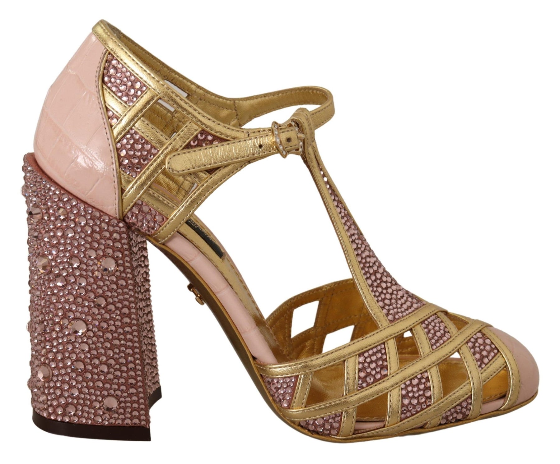 Dolce & Gabbana Pink Gold Leather Crystal Pumps T-strap Shoes | Regal Royce