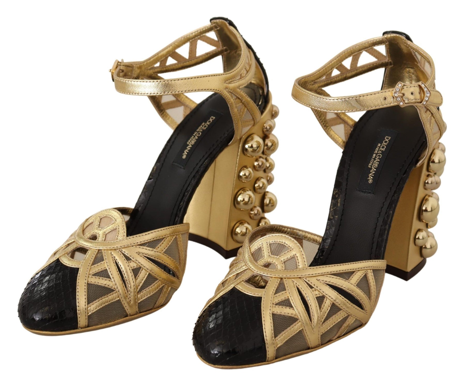 Dolce & Gabbana Black Gold Leather Studded Ankle Straps Shoes | Regal Royce