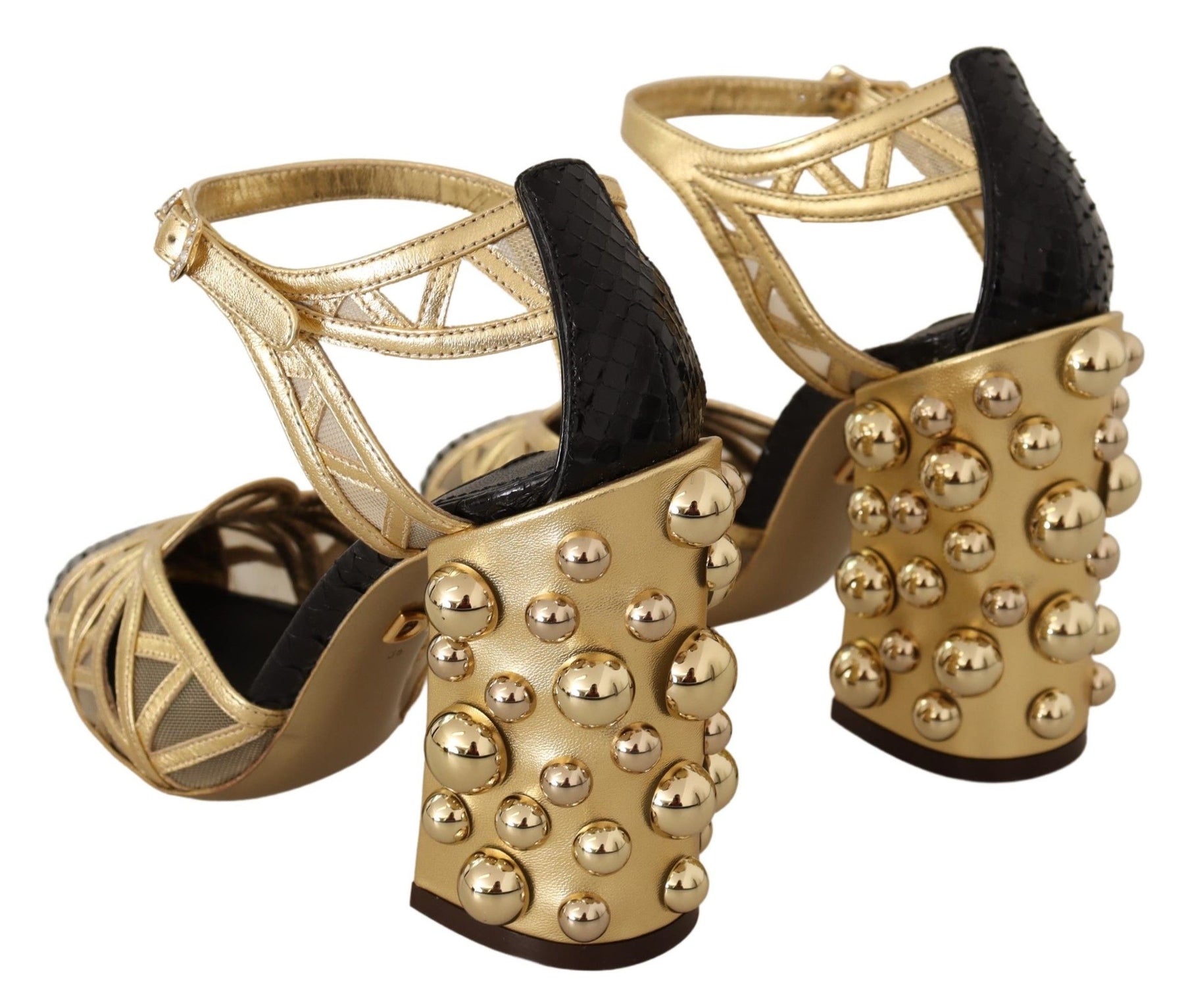 Dolce & Gabbana Black Gold Leather Studded Ankle Straps Shoes | Regal Royce