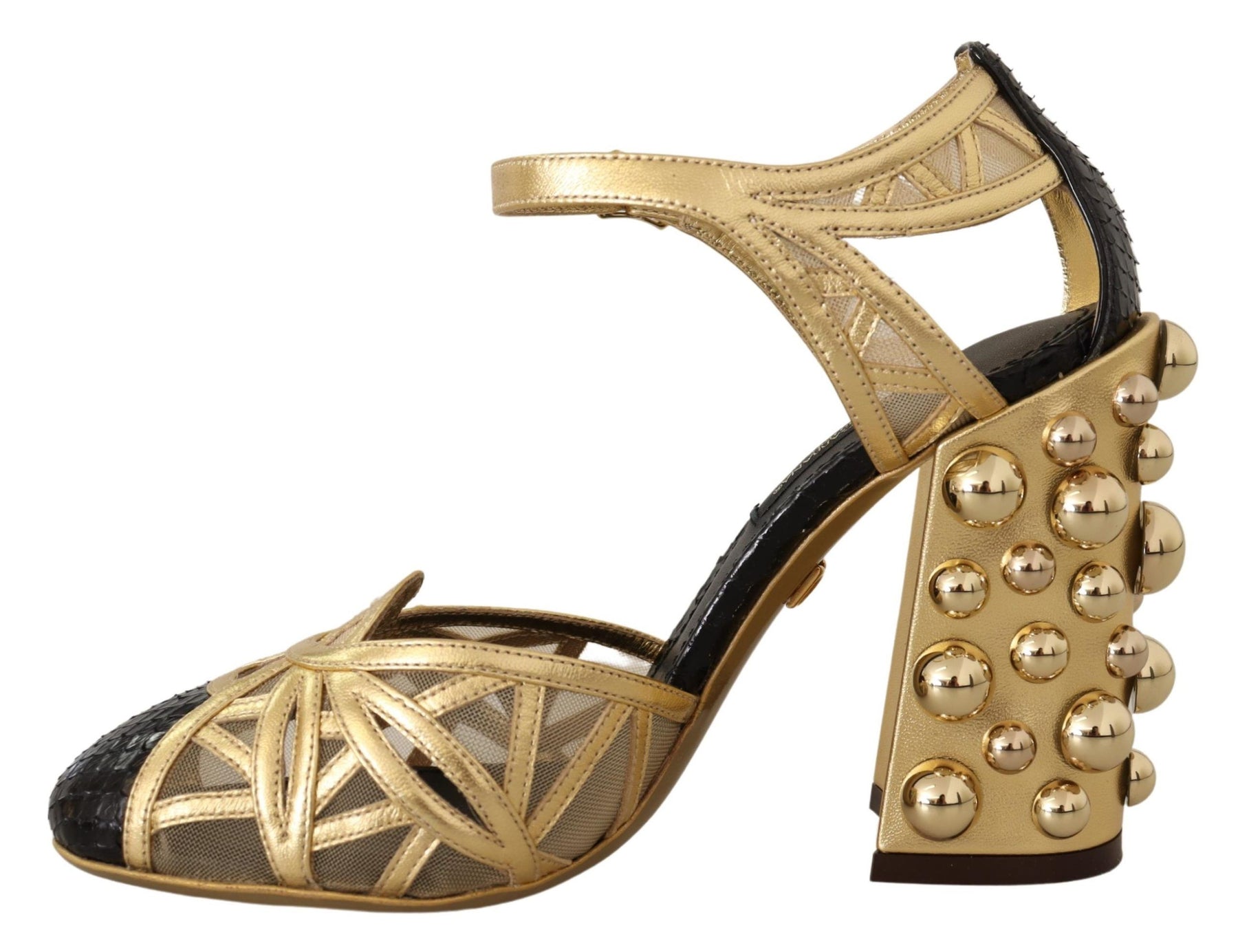 Dolce & Gabbana Black Gold Leather Studded Ankle Straps Shoes | Regal Royce