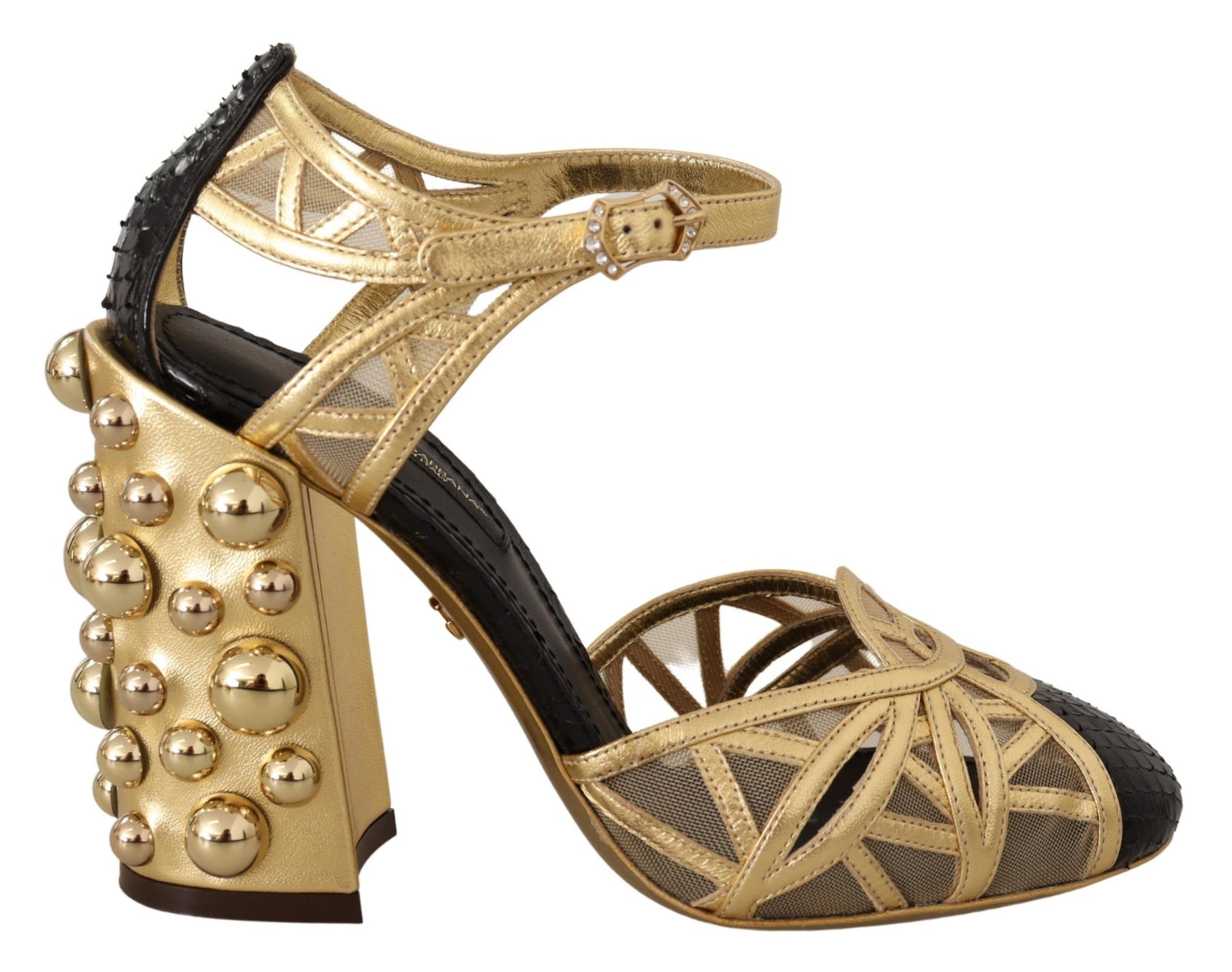 Dolce & Gabbana Black Gold Leather Studded Ankle Straps Shoes | Regal Royce